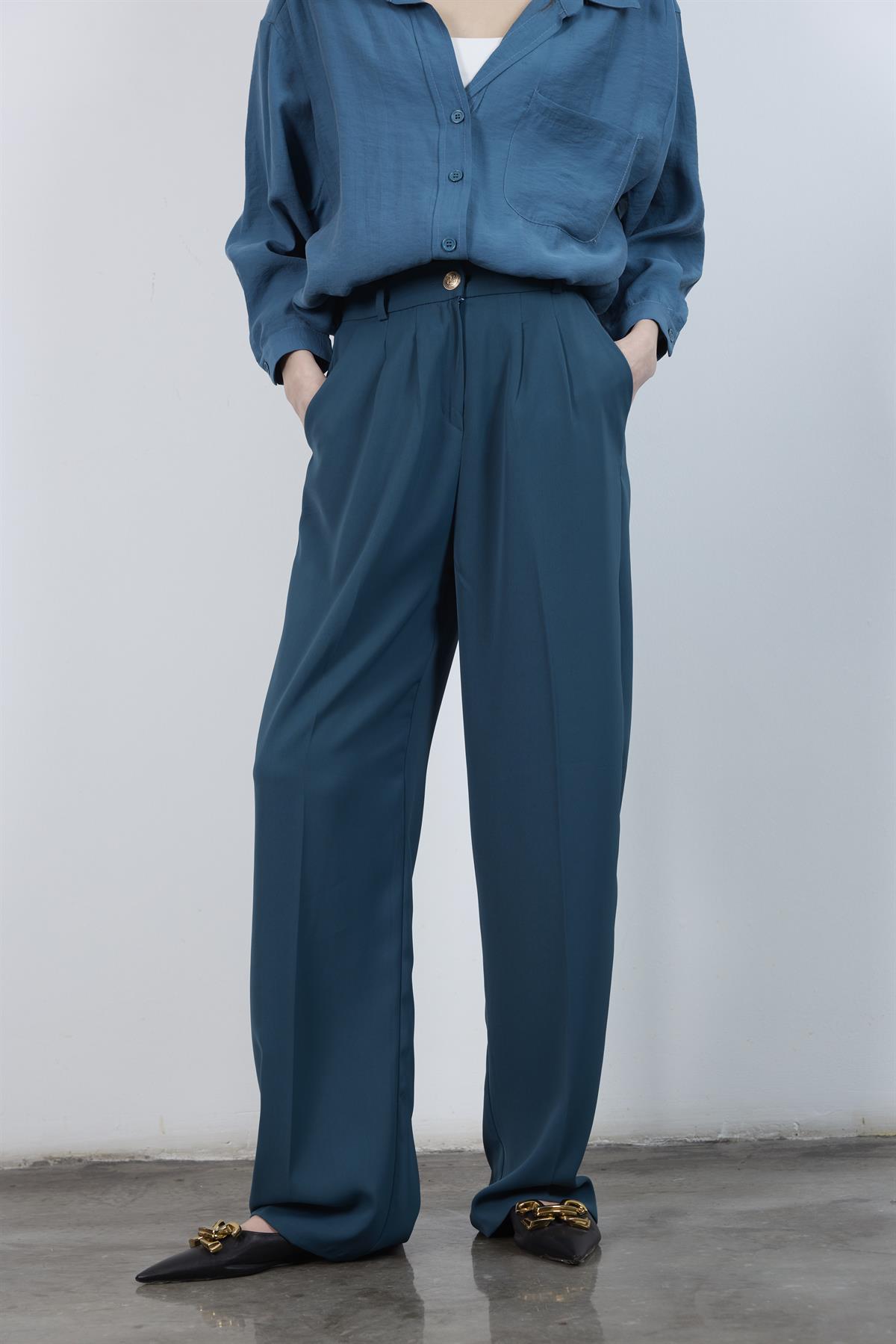 51078 PİLELİ PALAZZO PANTOLON PETROL MAVİ