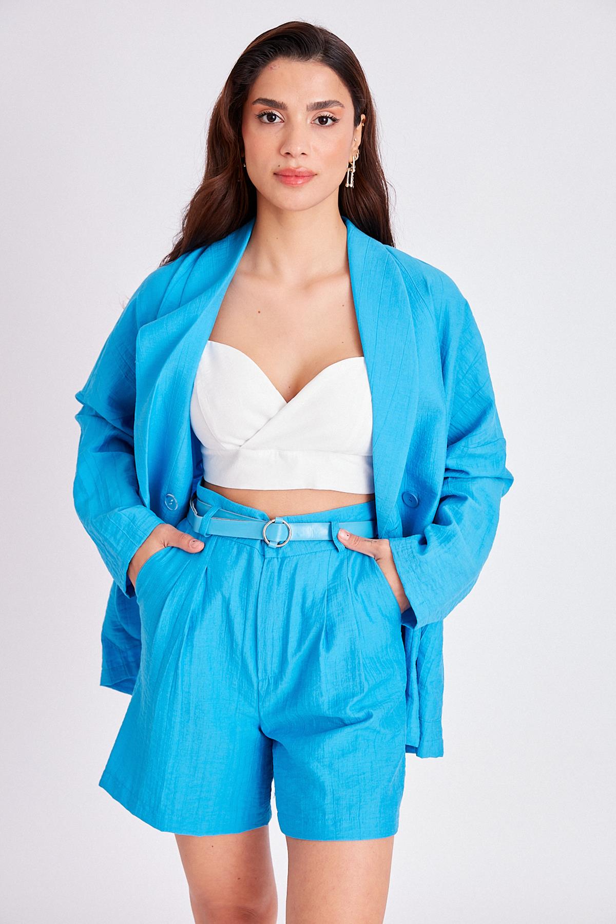 50530 ÇİFT PİLİLİ KETEN ŞORT SAX