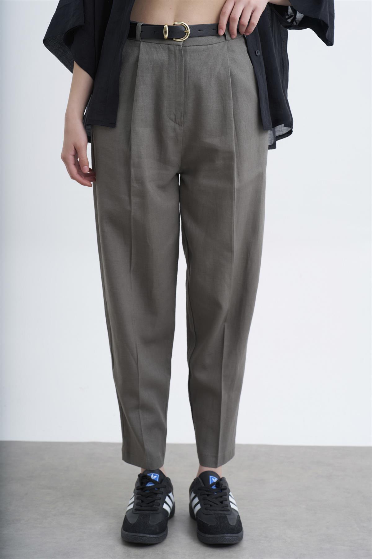 50985 KEMERLİ KETEN PANTOLON HAKİ