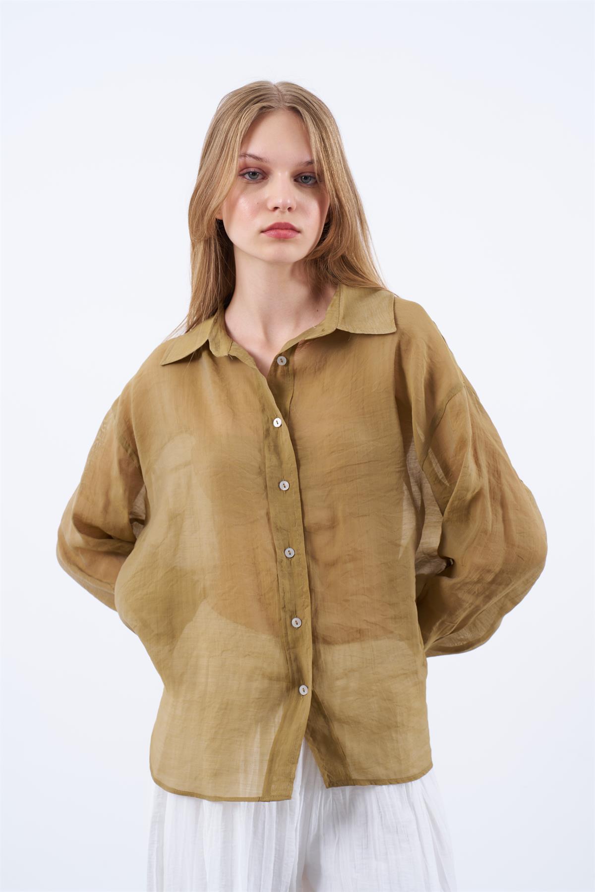 4924 OVERSIZE İPEKSİ GÖMLEK OLİVE
