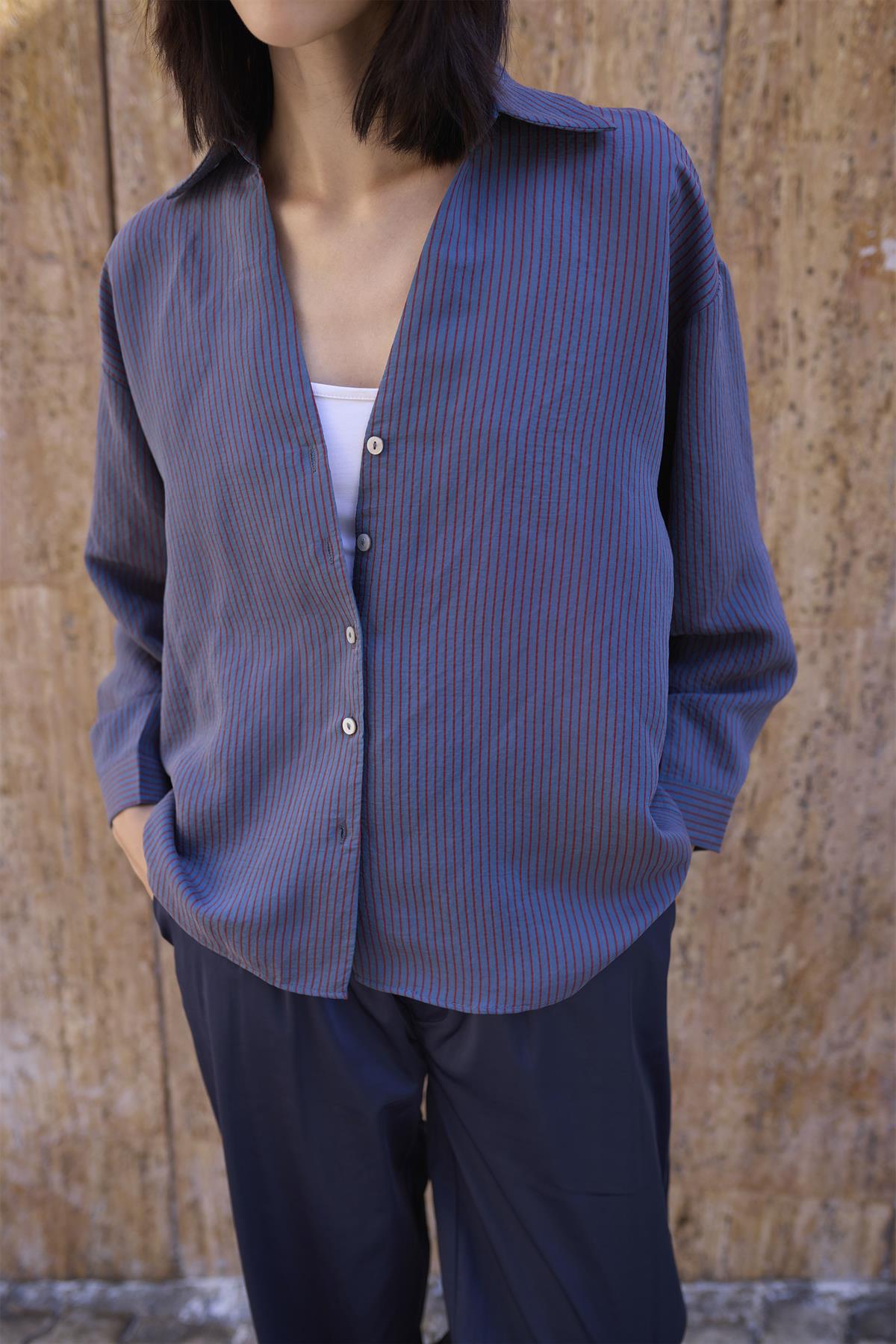 4906 ÇİZGİLİ GÖMLEK PETROL MAVİ-BORDO