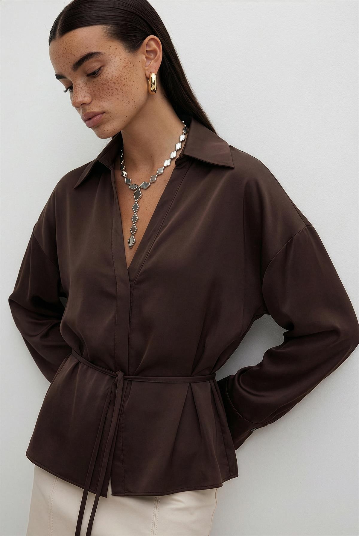 5022 SATEN GÖMLEK KAHVE