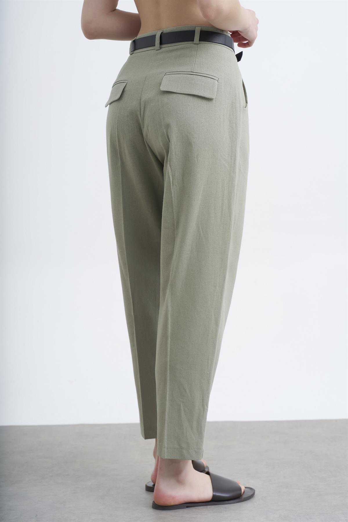 50985 KEMERLİ KETEN PANTOLON ÇAĞLA YEŞİL