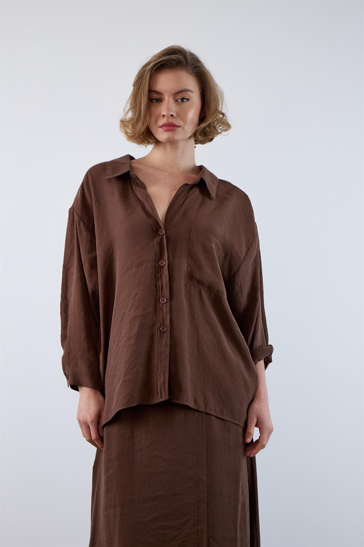 4612 DÜŞÜK OMUZLU OVERSİZE GÖMLEK KAHVE