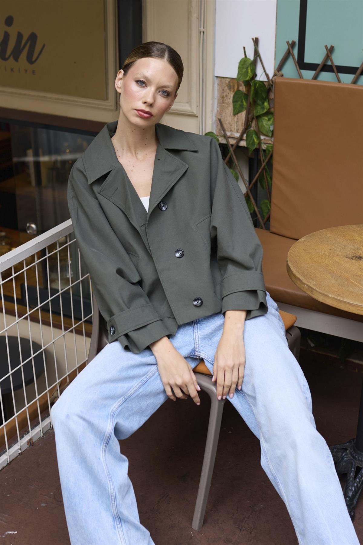 9628 CROP TRENÇ HAKİ