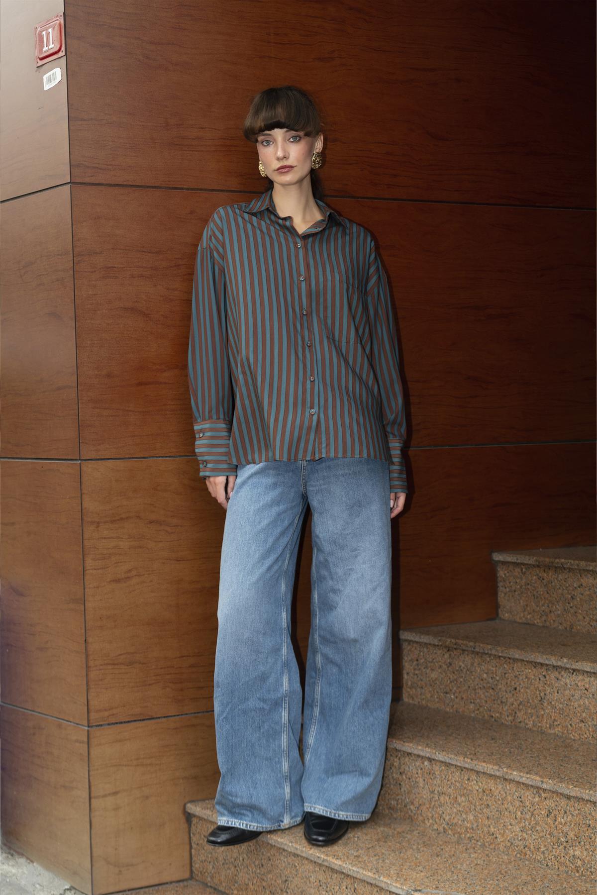 4969 ÇİZGİLİ GÖMLEK KAHVE-PETROL MAVİ