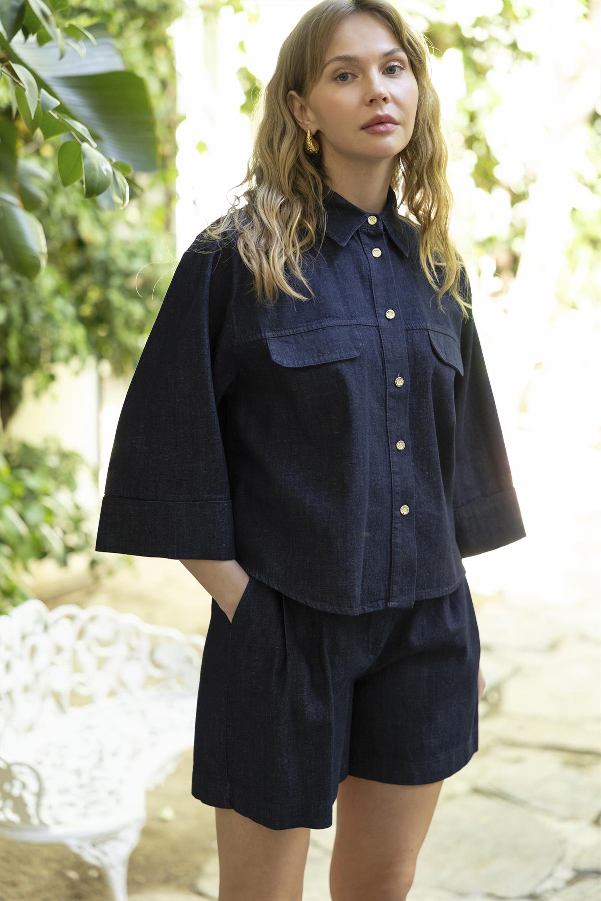 0092 DENİM GÖMLEK ŞORT TAKIM LACİVERT