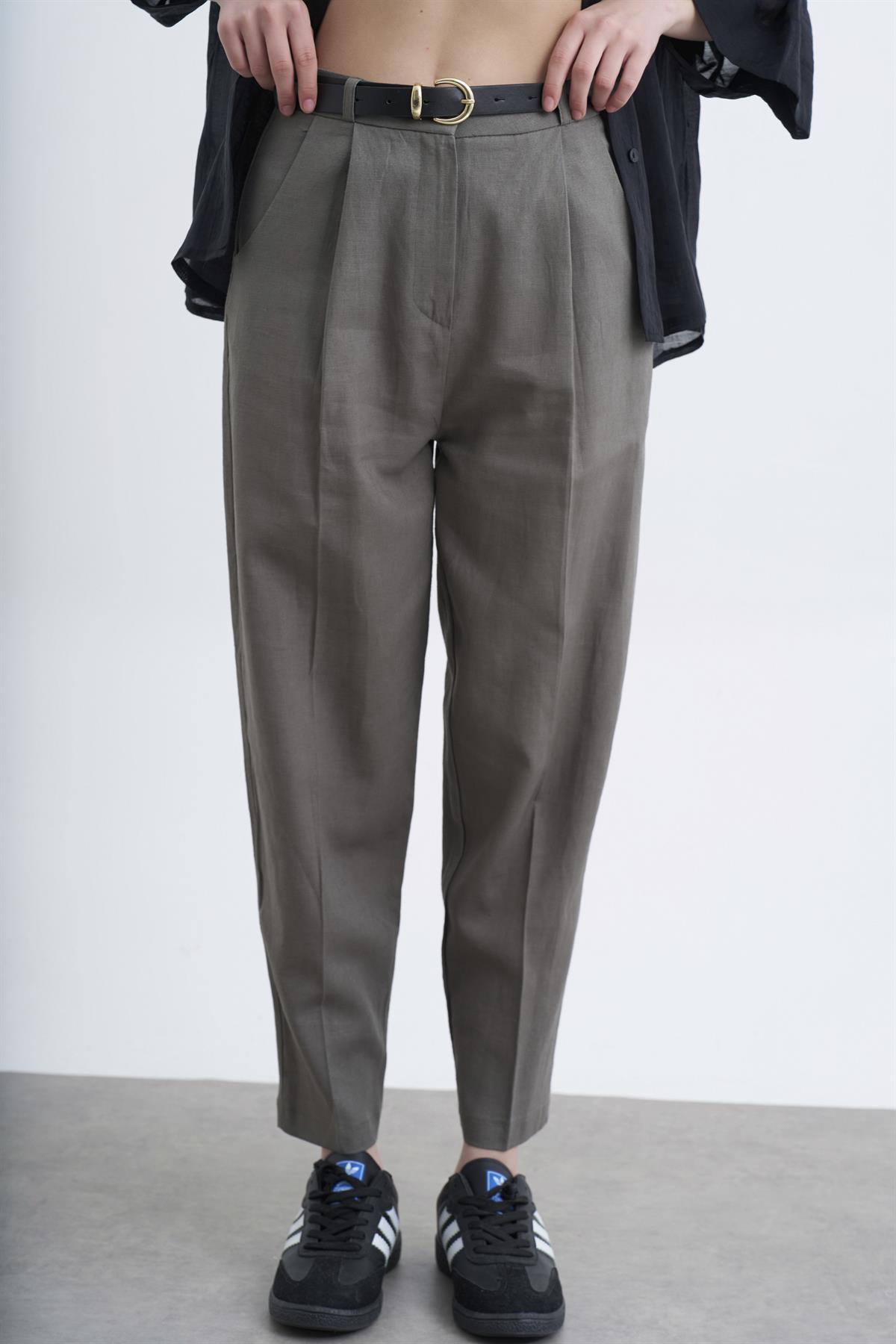 50985 KEMERLİ KETEN PANTOLON HAKİ