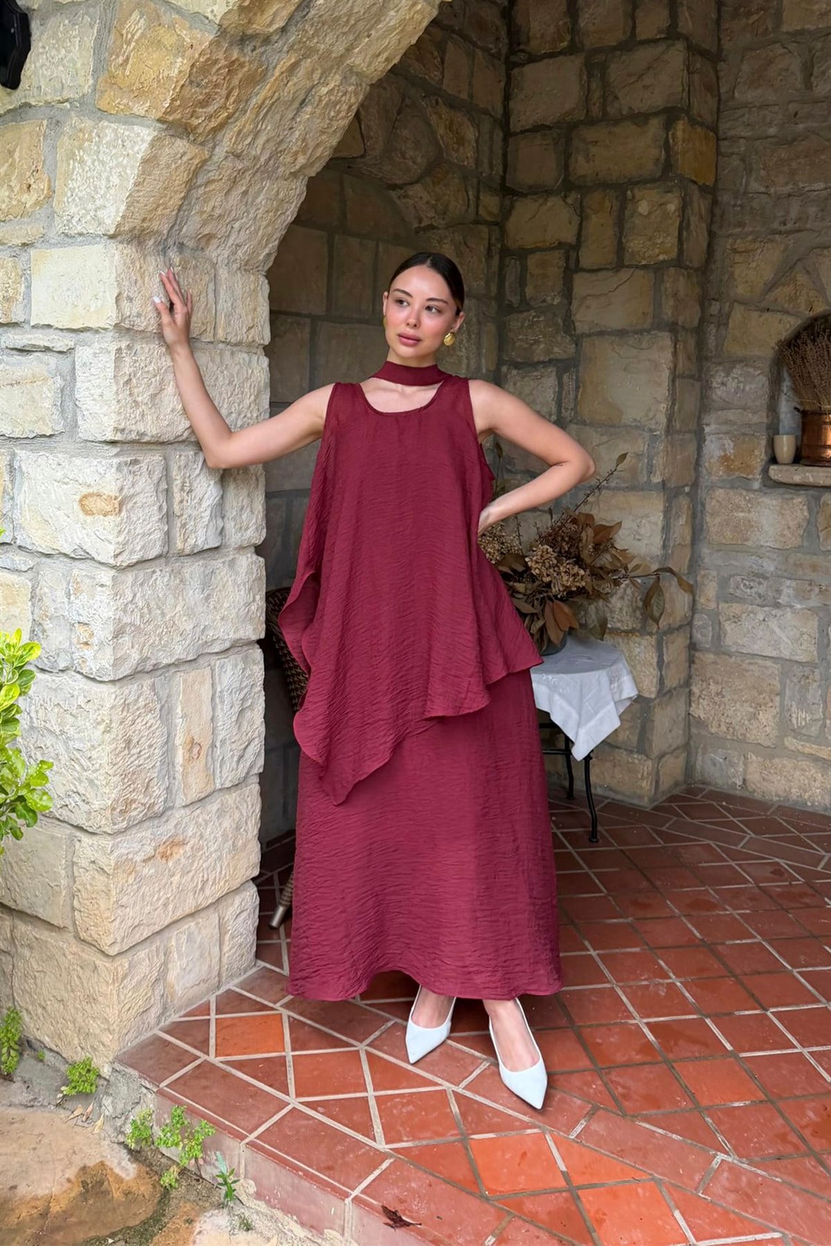 51400 KETEN ELBİSE BORDO