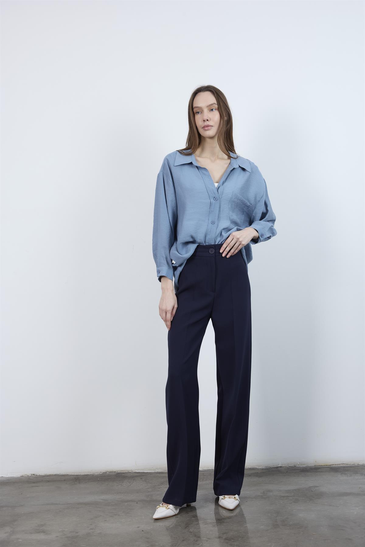 4612 DÜŞÜK OMUZLU OVERSİZE GÖMLEK GRİ-MAVİ