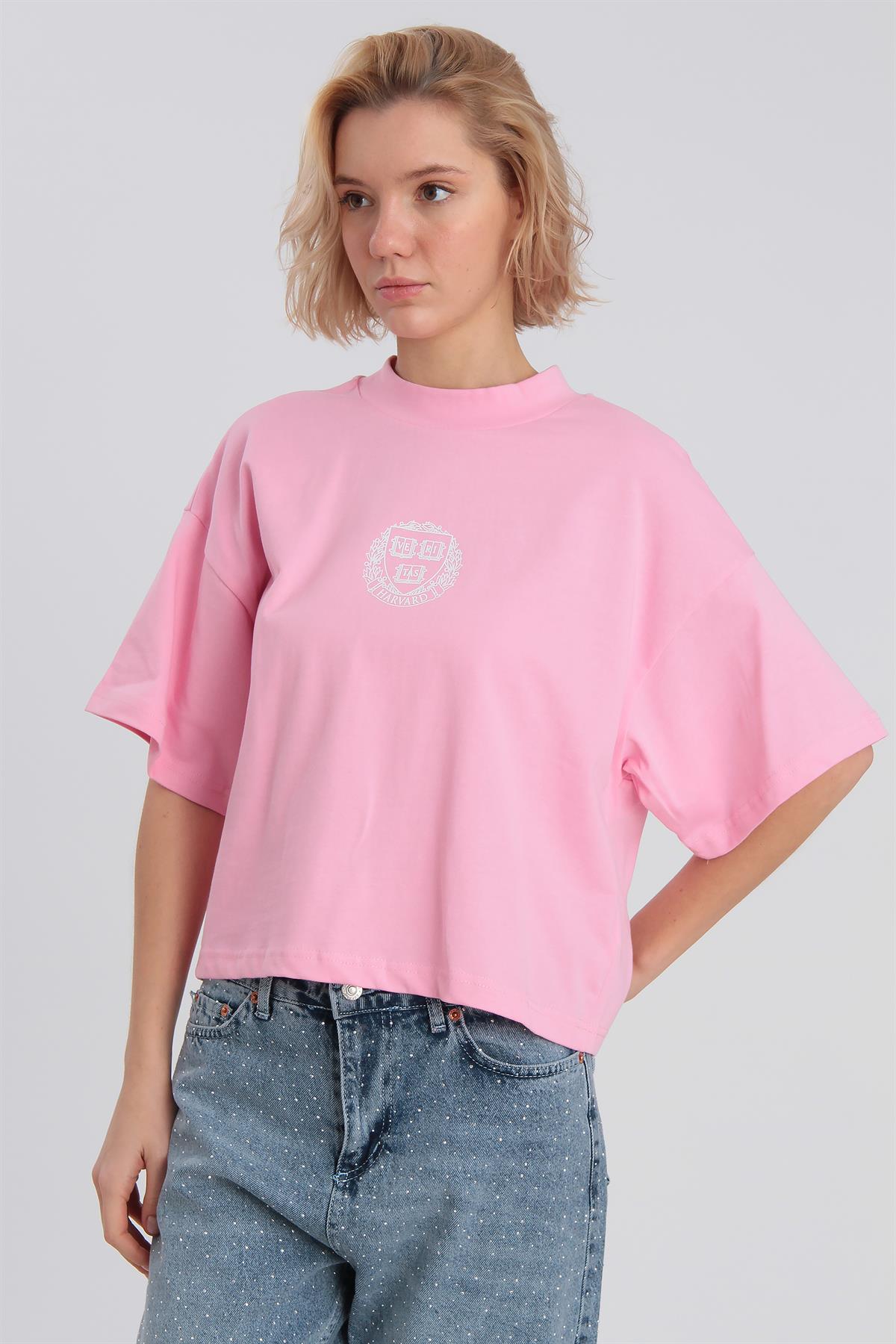 0021 HARVARD BASKILI TİŞÖRT PEMBE