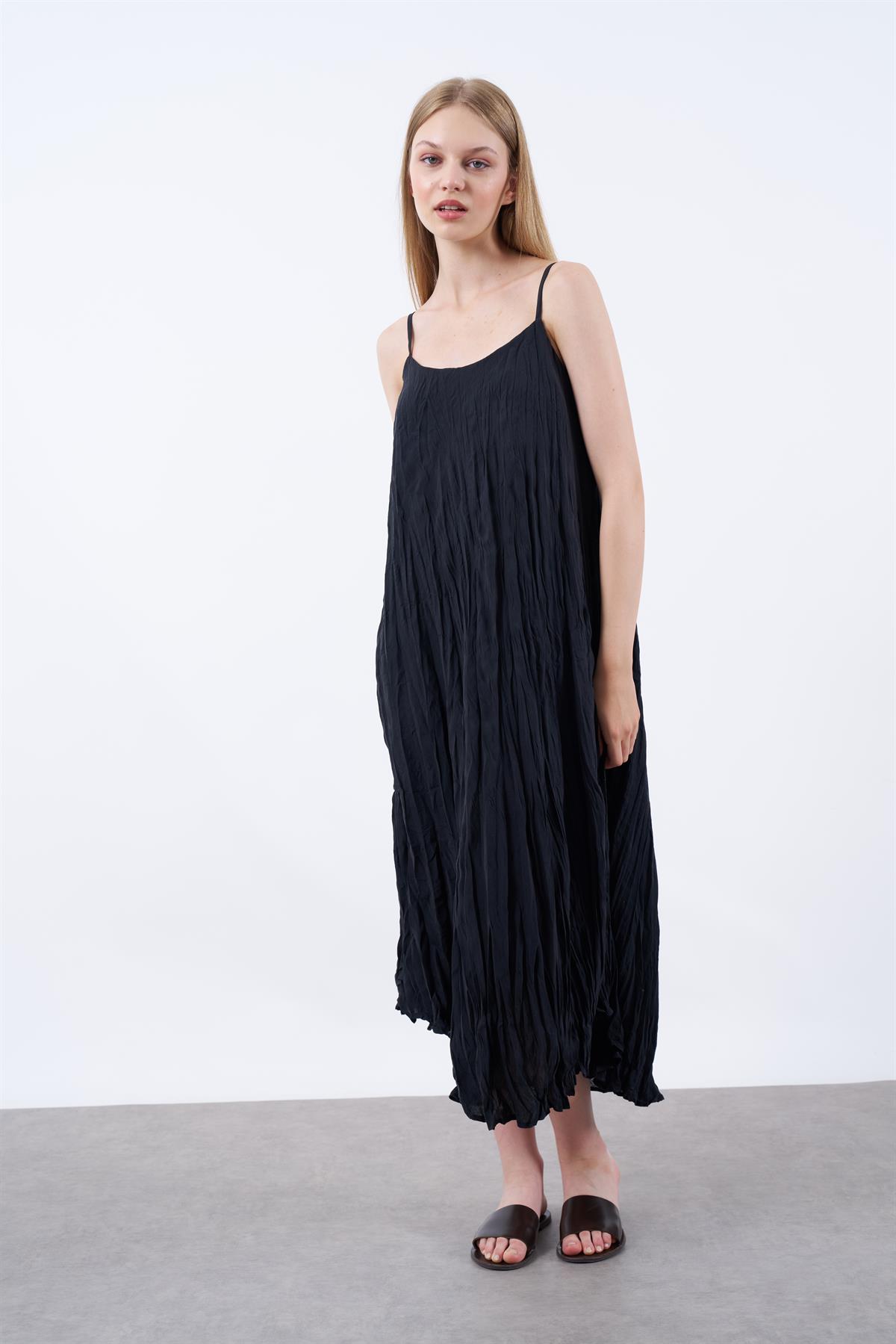 3208 KIRIŞIK ASKILI ELBİSE SİYAH