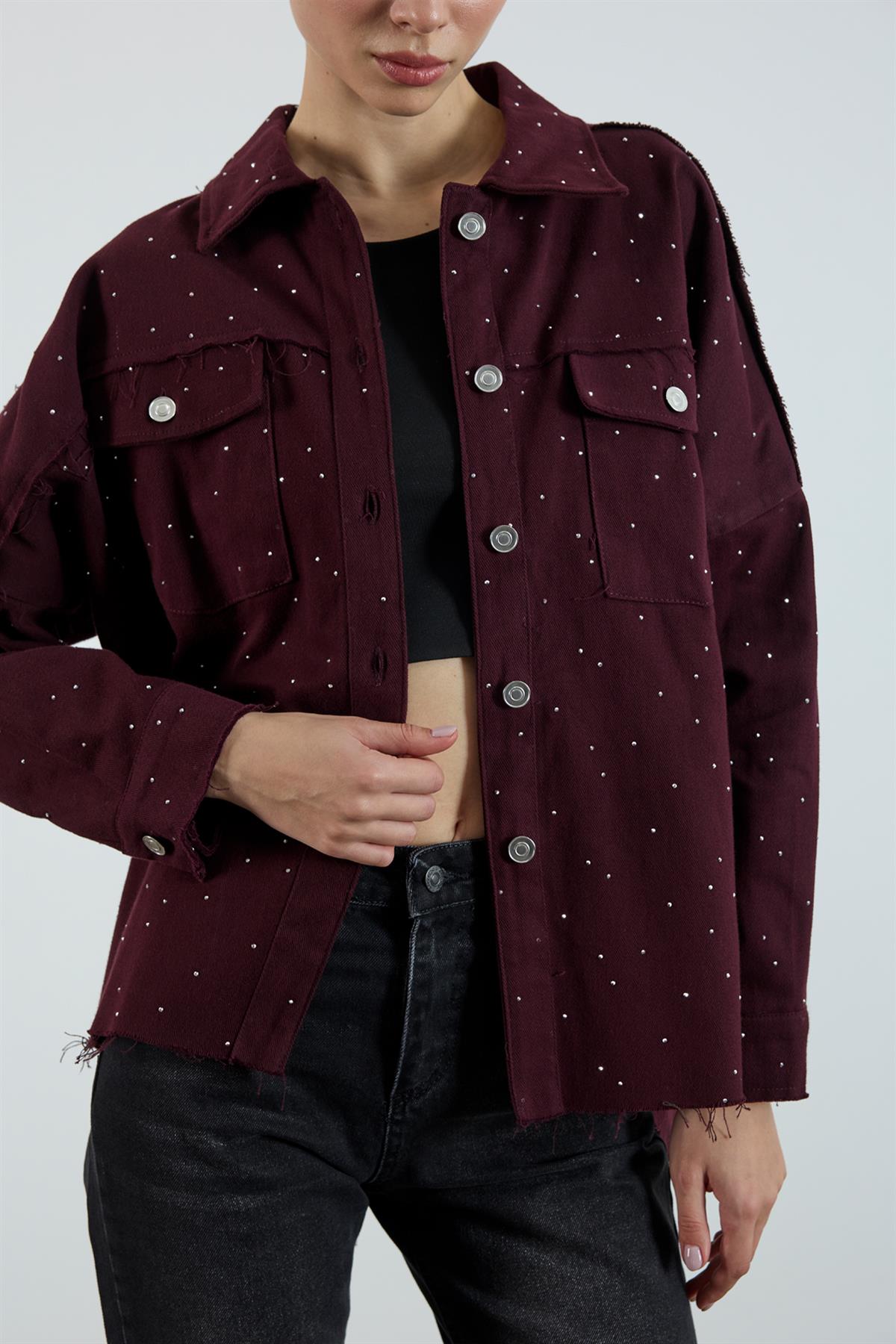 9566 GABARDİN TAŞLI CEKET MÜRDÜM