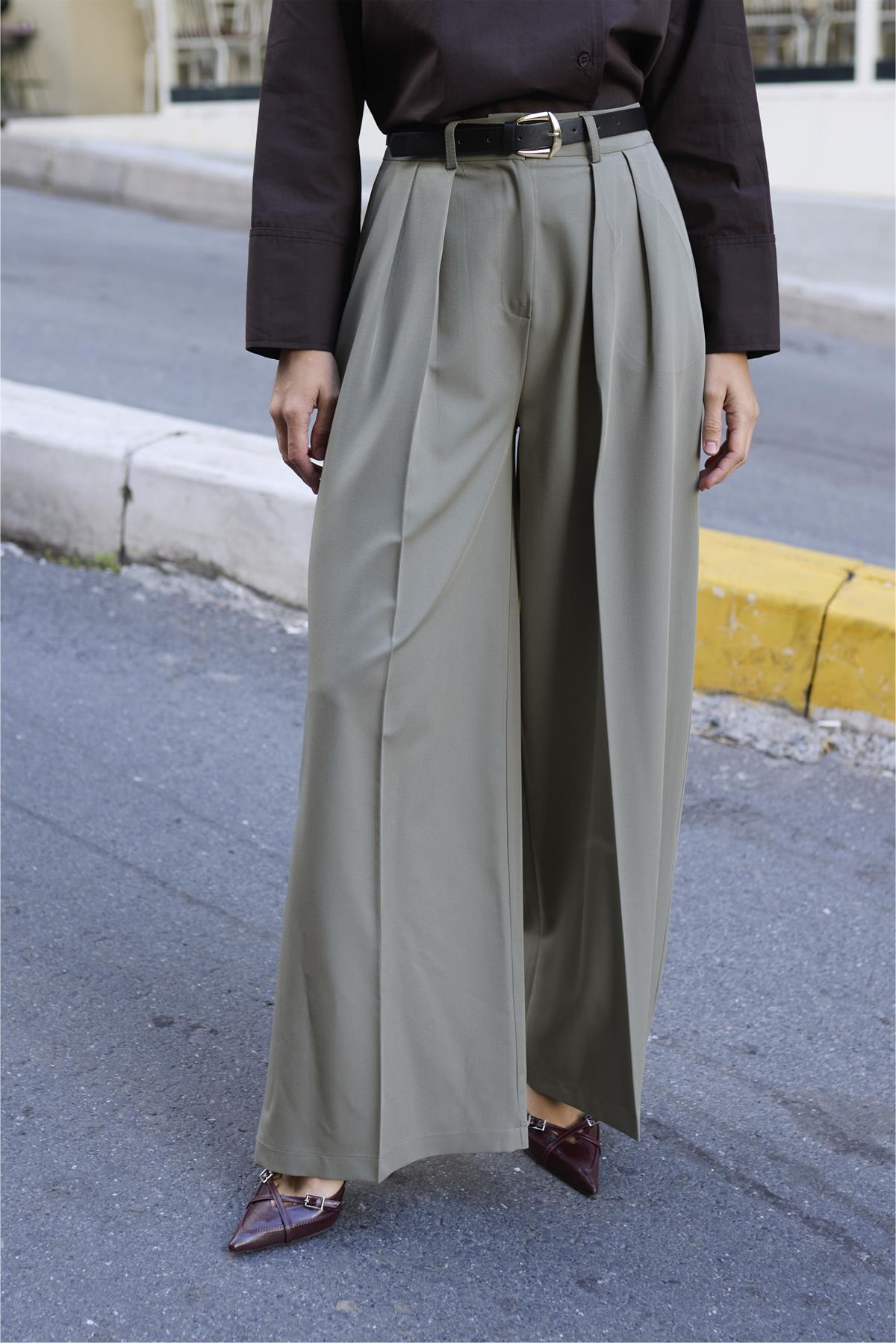 51070 PİLİLİ PALAZZO KEMERLİ PANTOLON HAKİ