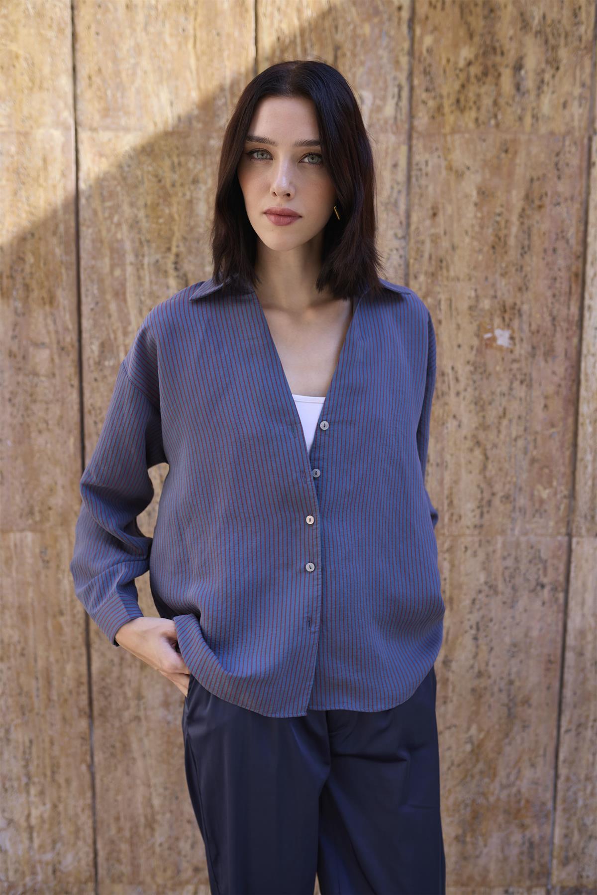 4906 ÇİZGİLİ GÖMLEK PETROL MAVİ-BORDO