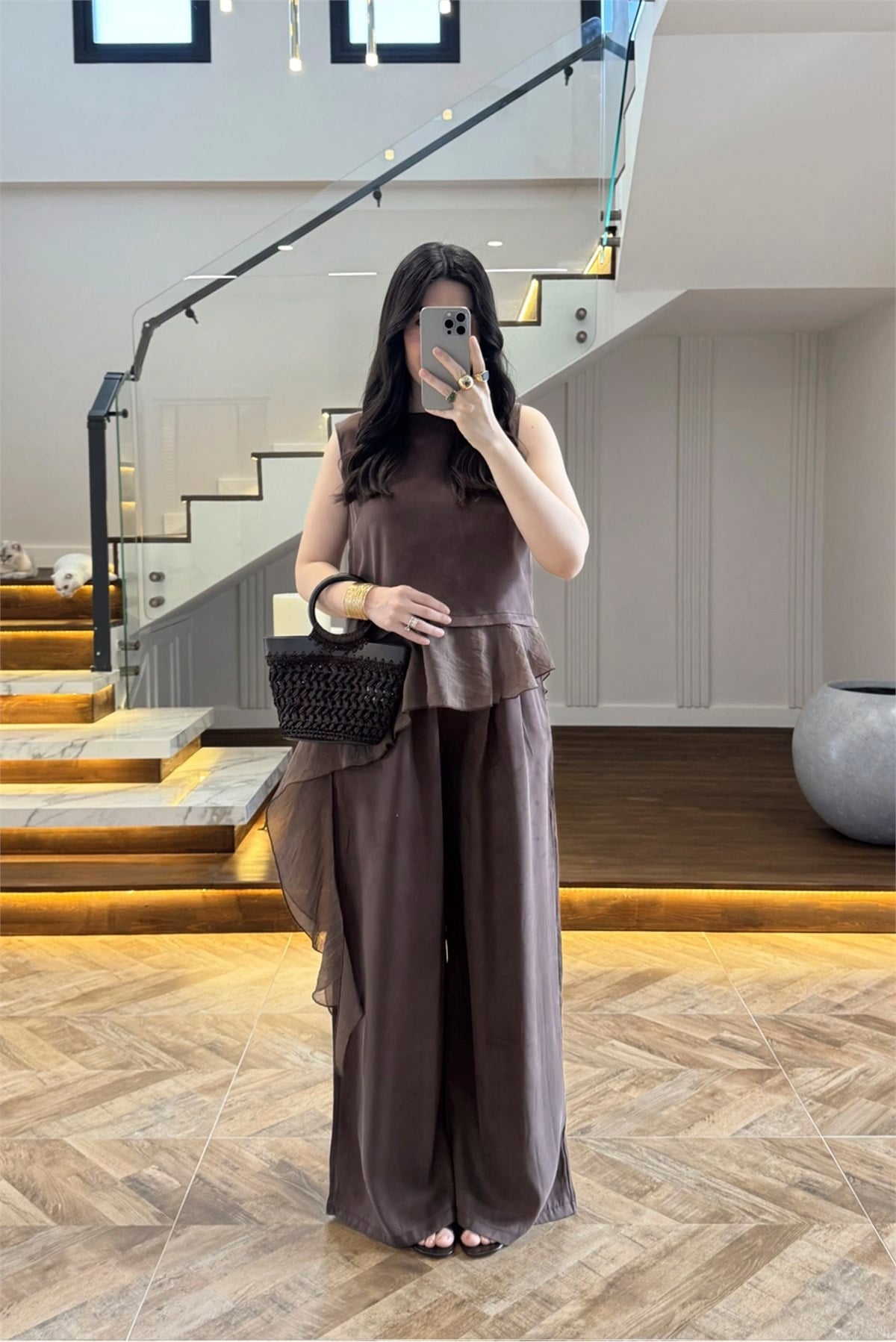 51391 GARNİLİ BLUZ PANTOLON TAKIM KAHVE