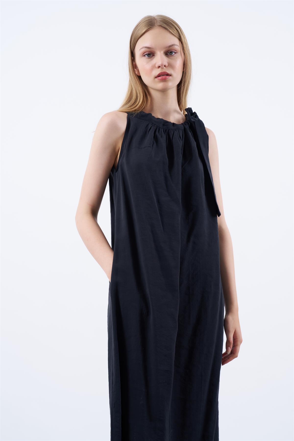 3213 OMUZDAN BAĞLAMALI ELBİSE SİYAH