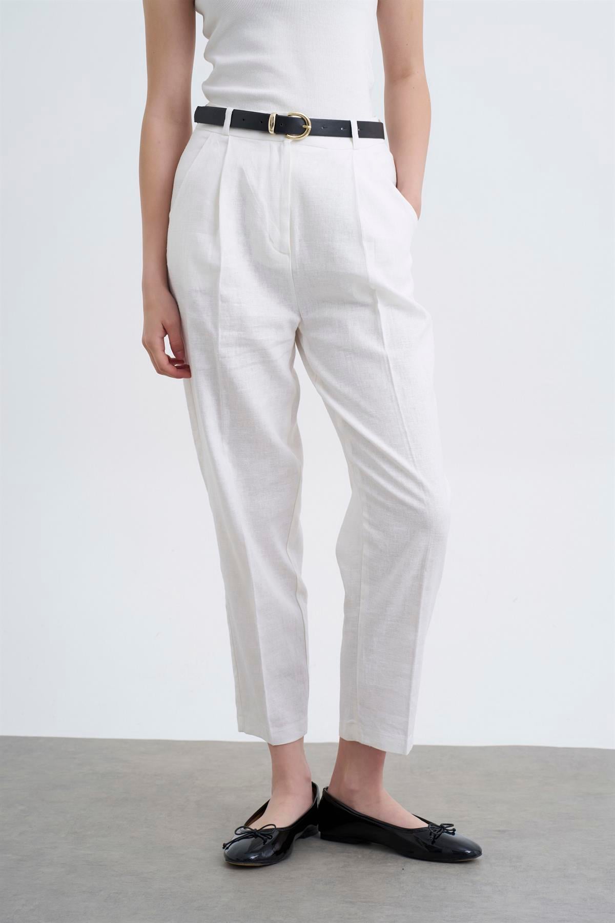 50985 KEMERLİ KETEN PANTOLON BEYAZ