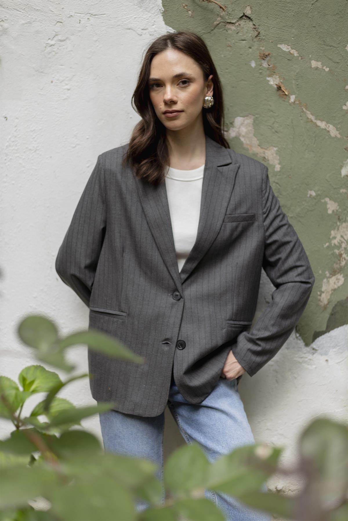 9558 ÇİZGİLİ POLİVİSKON CEKET ANTRASİT-KAHVE