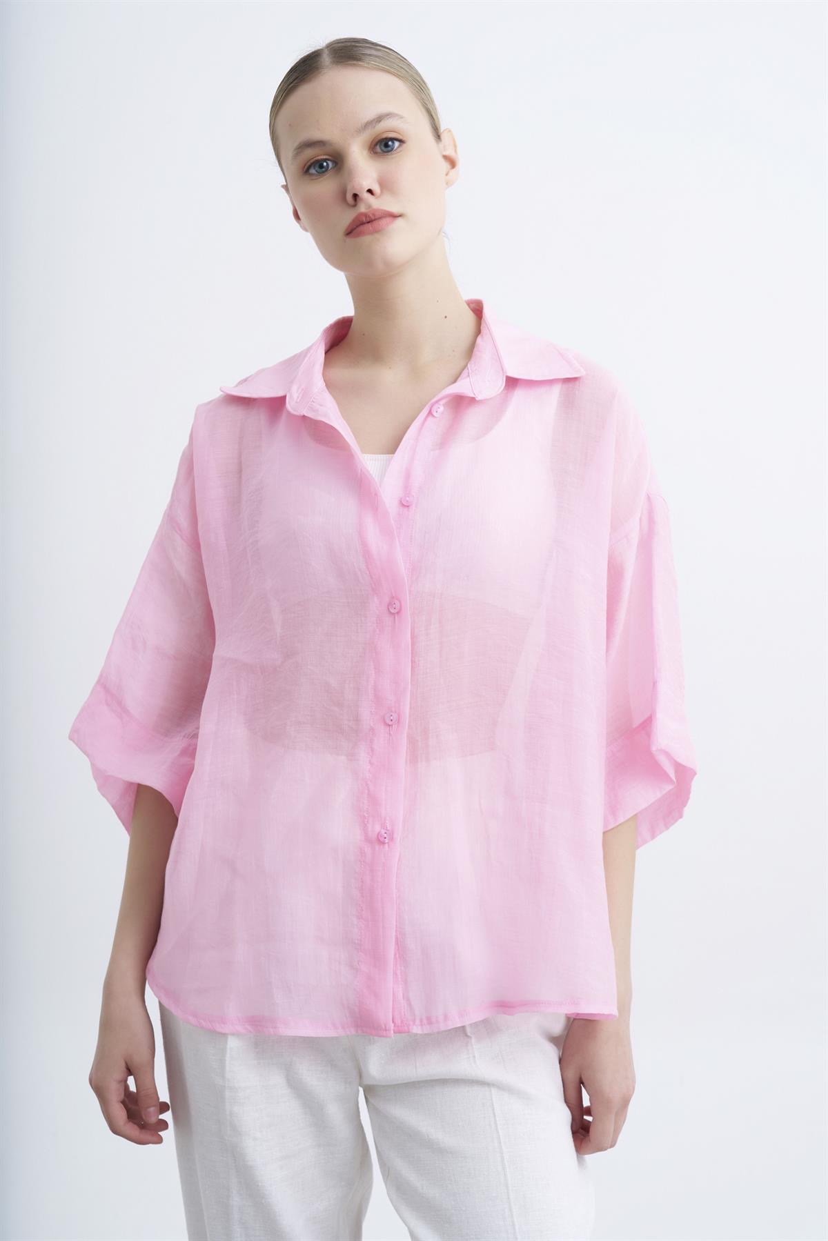 4927 OVERSIZE İPEKSİ GÖMLEK PEMBE