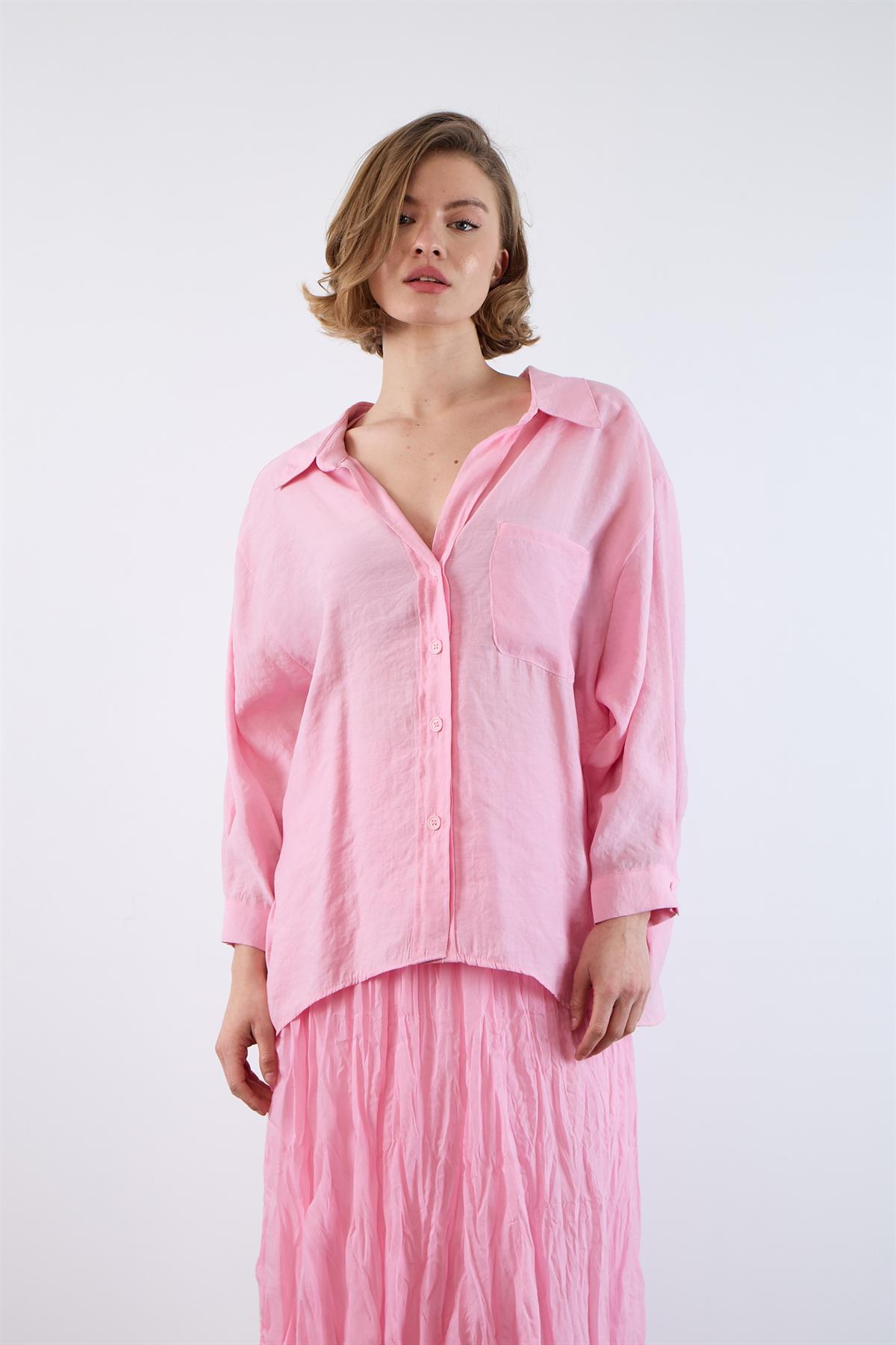 4612 DÜŞÜK OMUZLU OVERSİZE GÖMLEK ŞEKER PEMBE