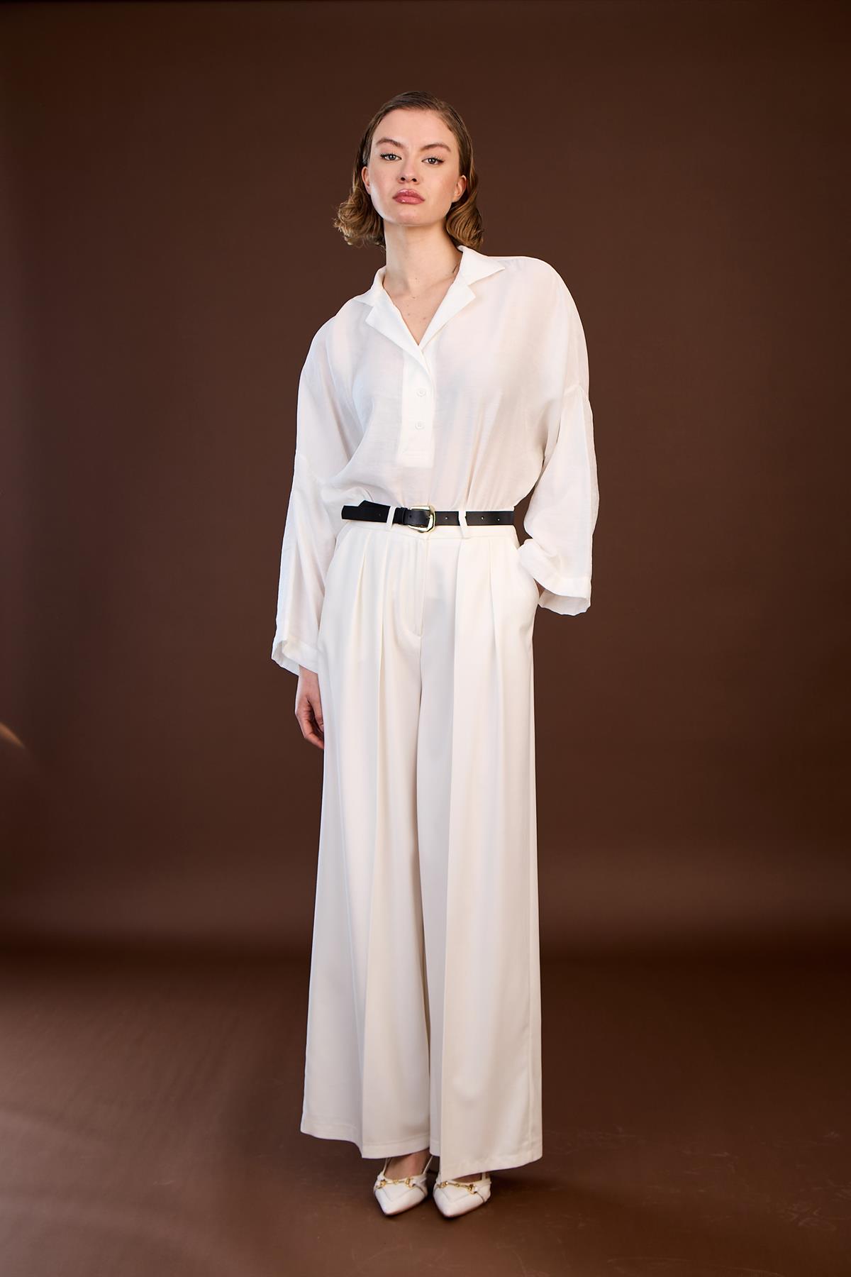 51070 PİLİLİ PALAZZO KEMERLİ PANTOLON BEYAZ