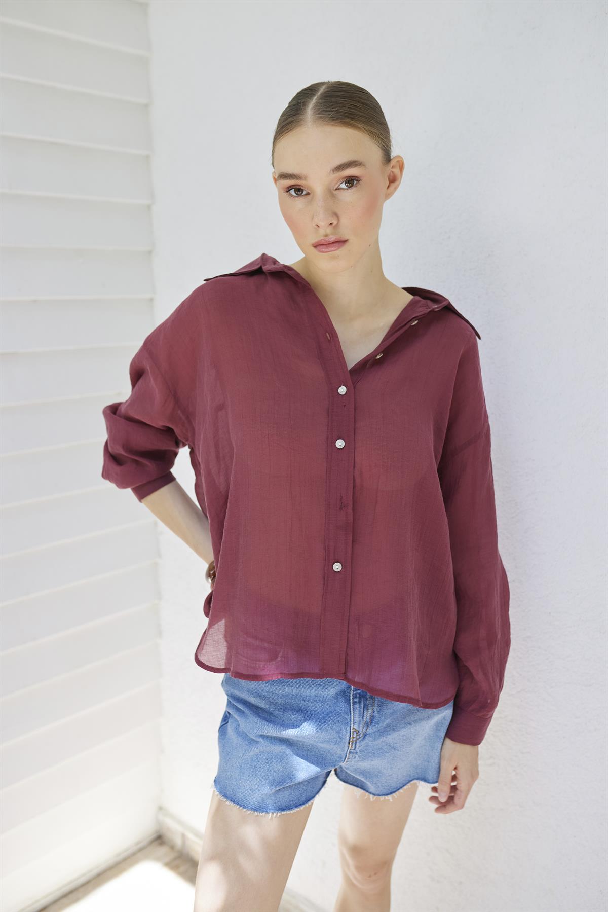 4924 OVERSIZE İPEKSİ GÖMLEK BORDO