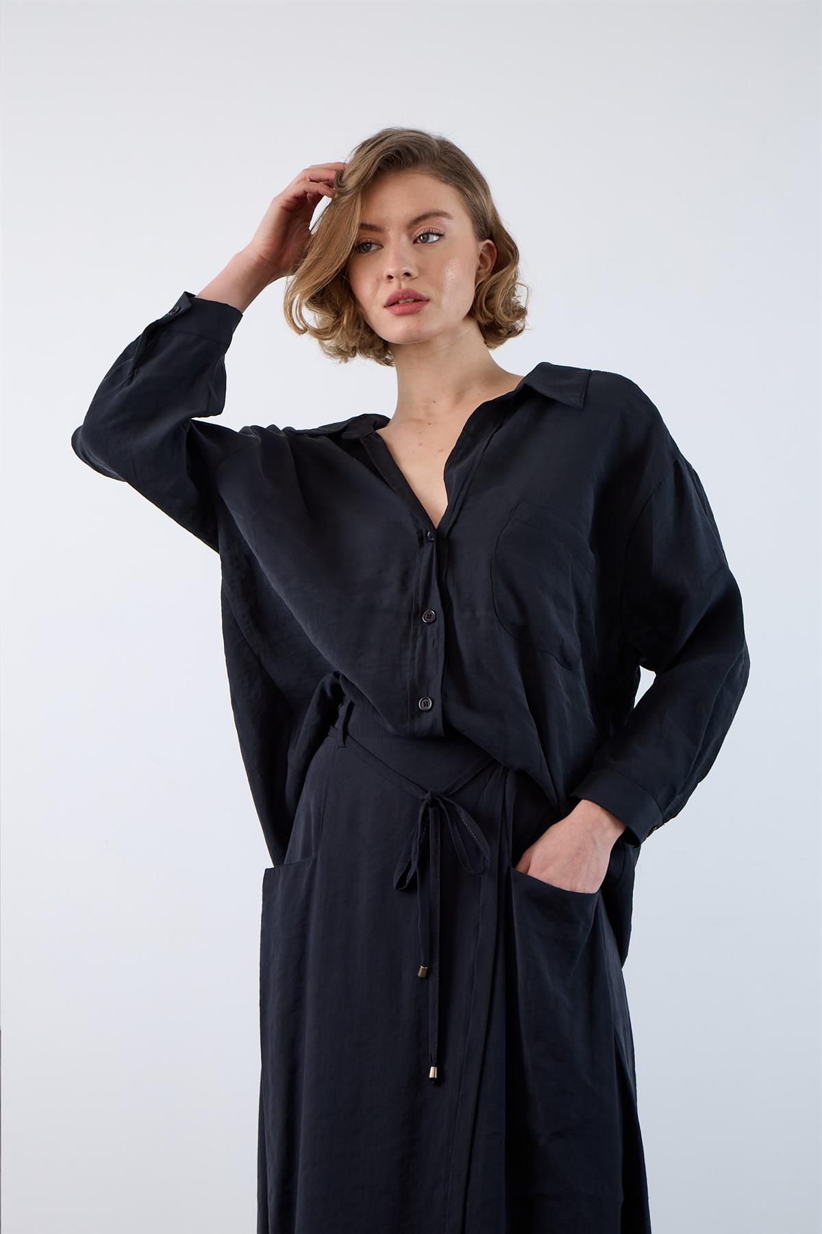 4612 DÜŞÜK OMUZLU OVERSİZE GÖMLEK SİYAH