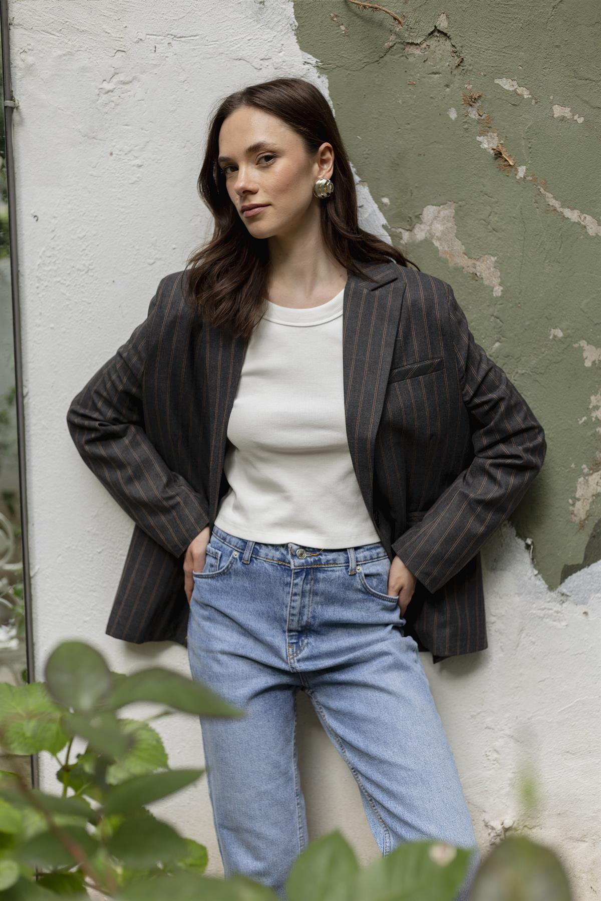 9558 ÇİZGİLİ POLİVİSKON CEKET ANTRASİT-BORDO