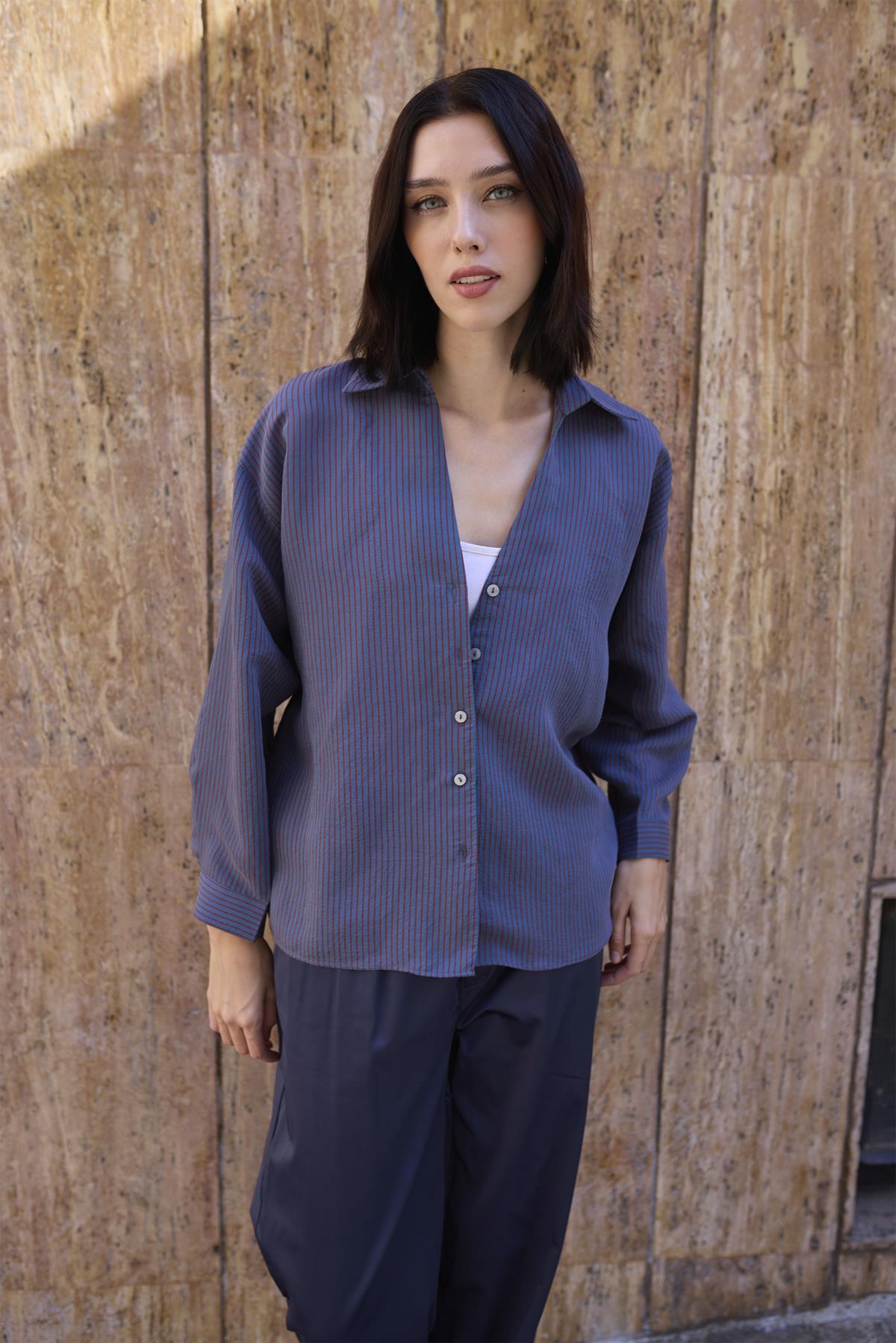 4906 ÇİZGİLİ GÖMLEK PETROL MAVİ-BORDO