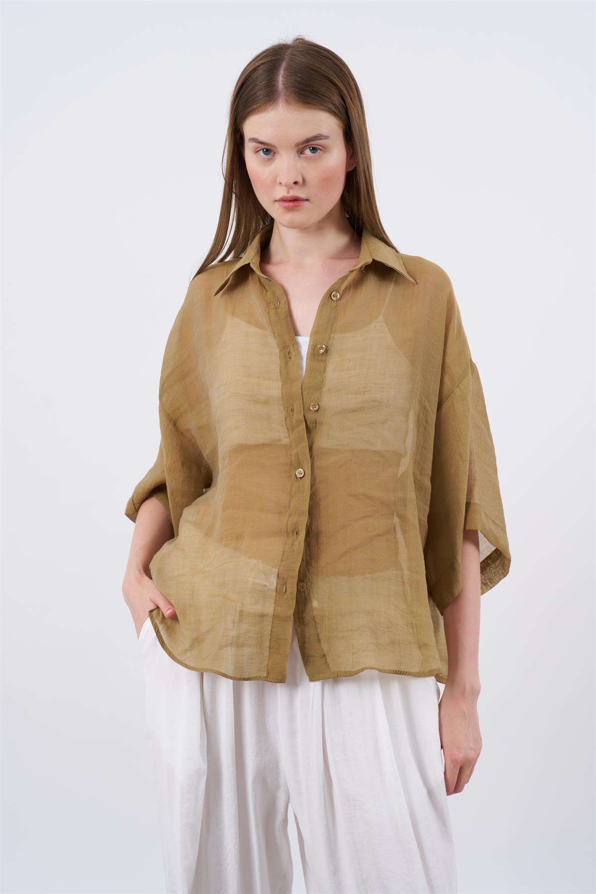 4927 OVERSIZE İPEKSİ GÖMLEK OLİVE