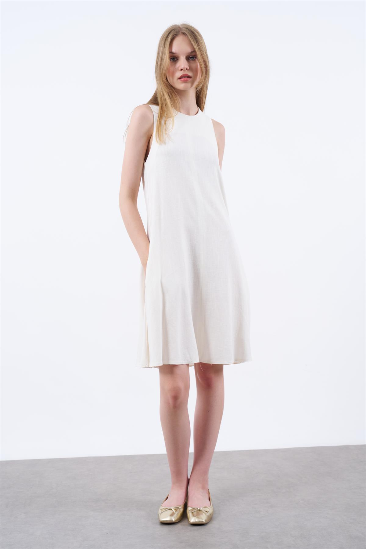 3181 SIFIR KOL KETEN ELBİSE BEYAZ