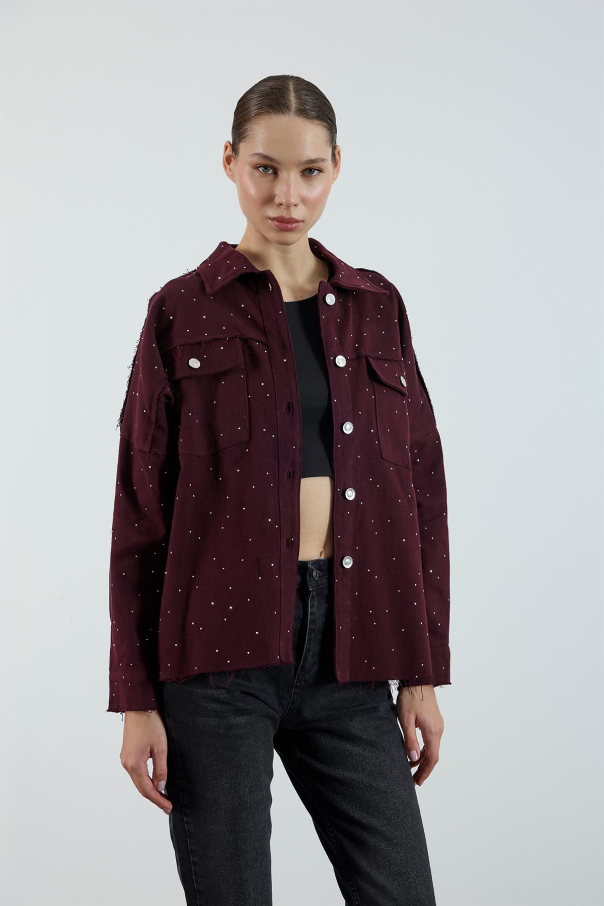 9566 GABARDİN TAŞLI CEKET MÜRDÜM