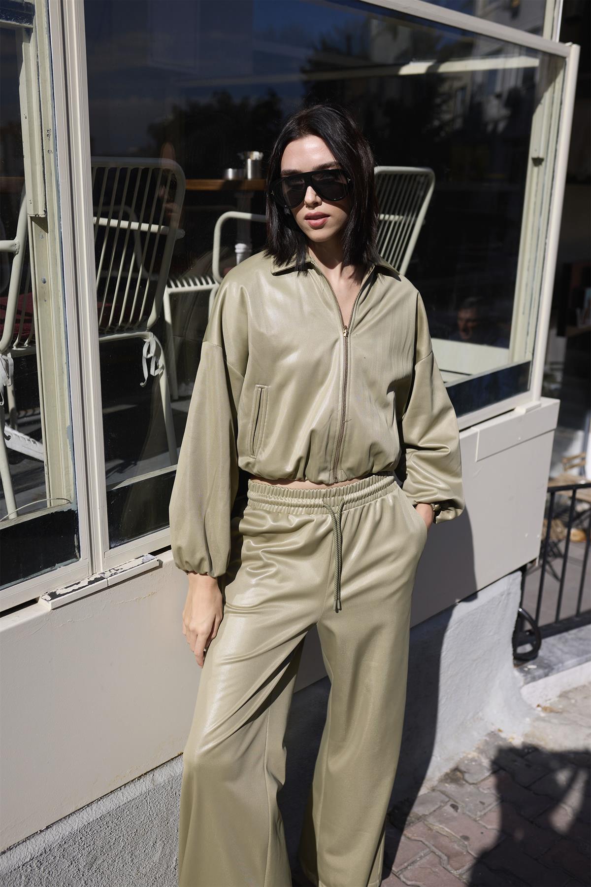 51231 DERİ CEKET PANTOLON TAKIM OLİVE