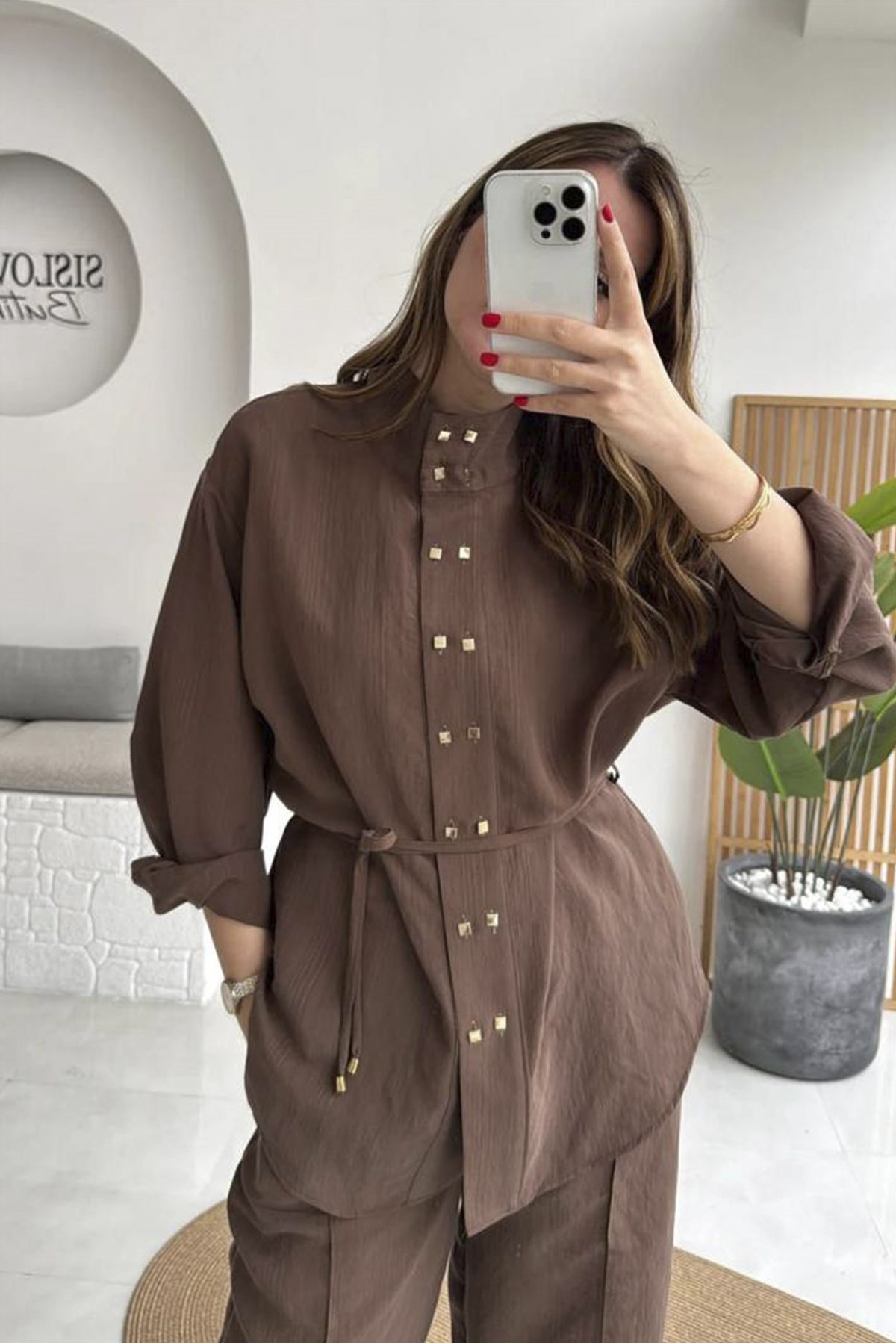 51298 GENİŞ YAKA GÖMLEK PANTOLON TAKIM KAHVE