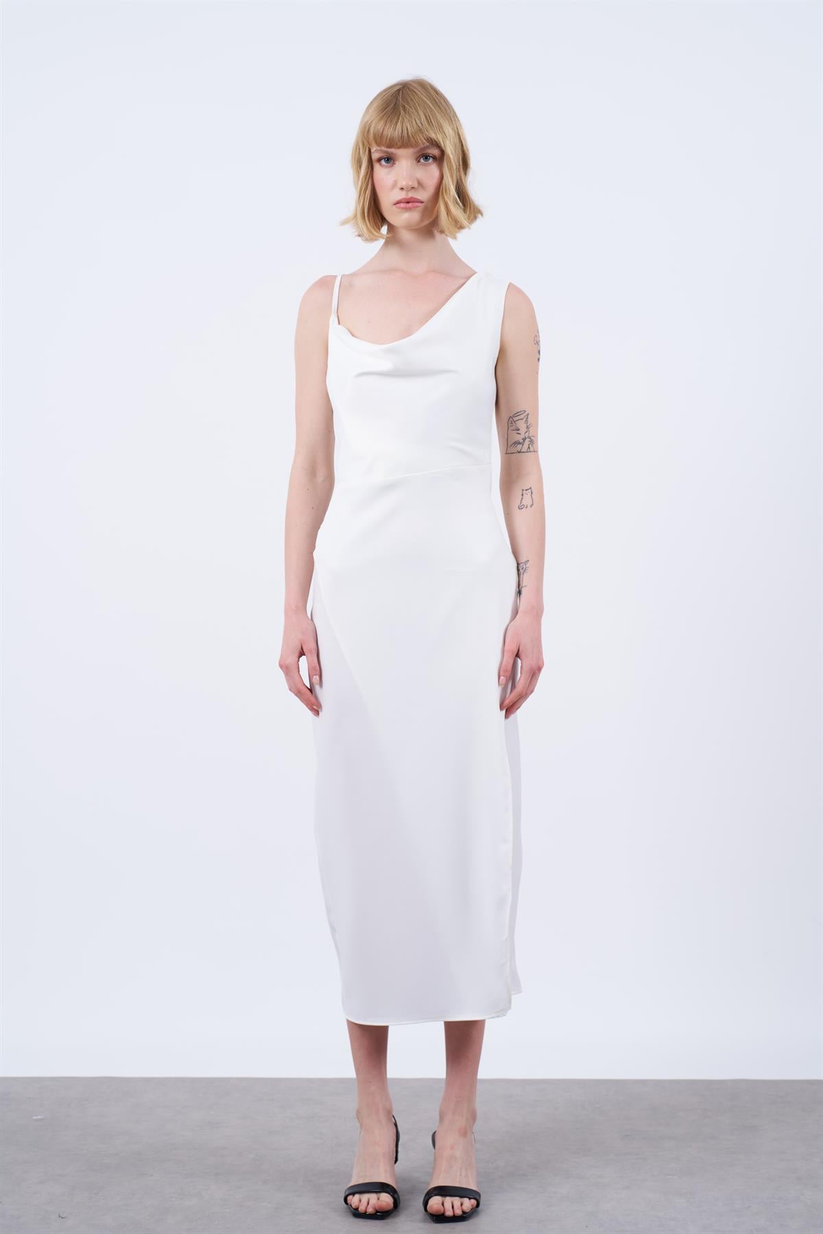 3174 DEGAJE ASKILI ELBİSE(3157) BEYAZ