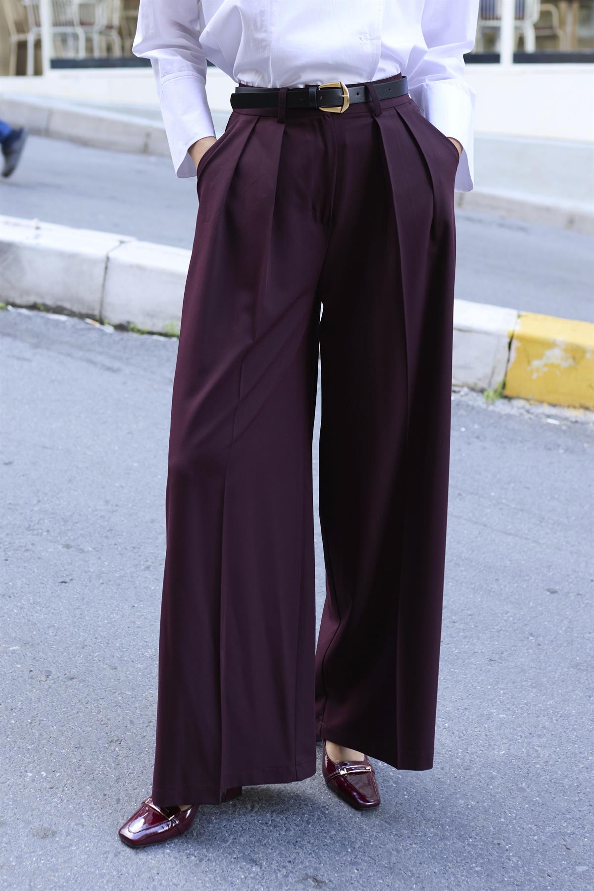 51070 PİLİLİ PALAZZO KEMERLİ PANTOLON MÜRDÜM