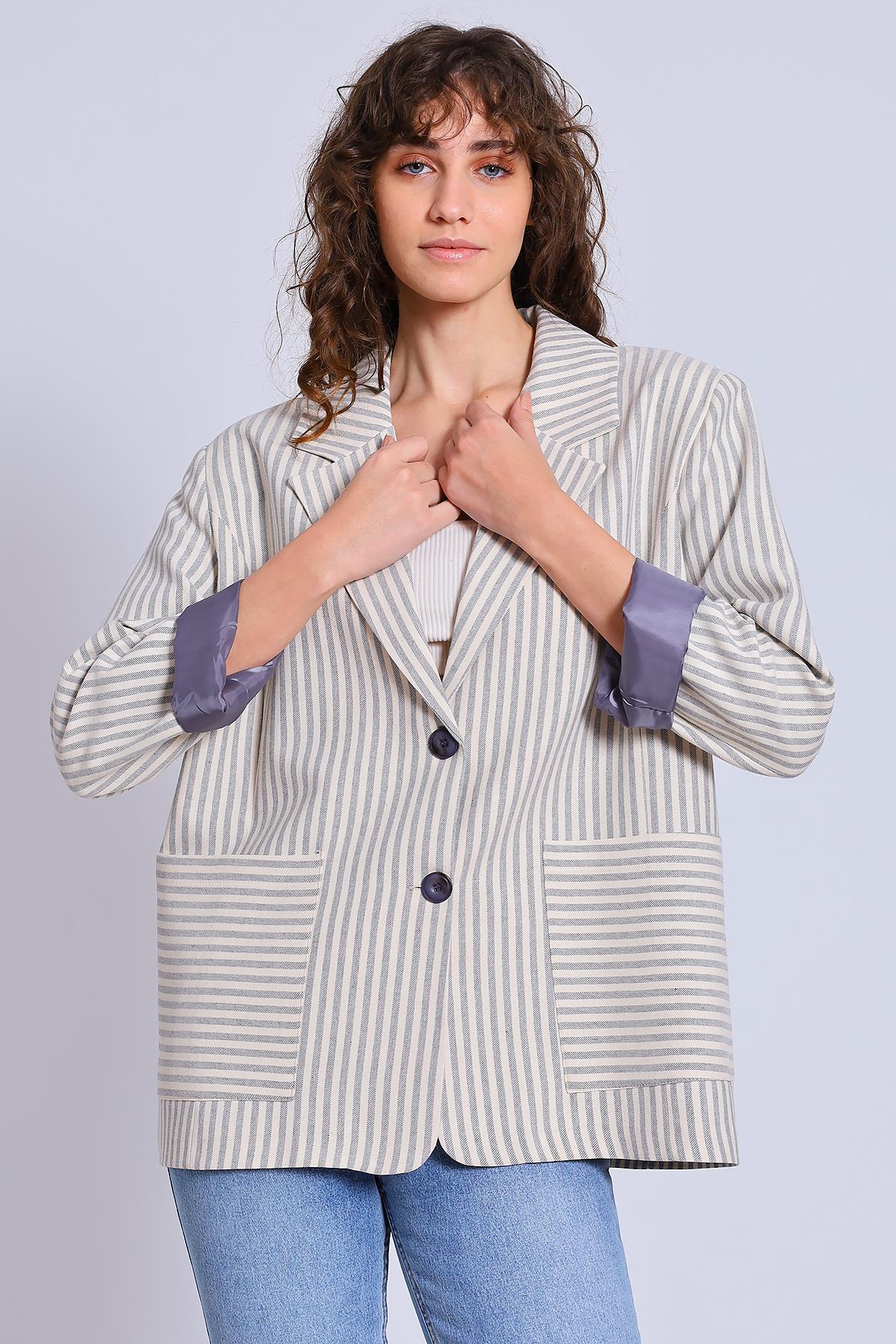 9421 ÇİZGİLİ KETEN CEKET TAŞ-GRİ