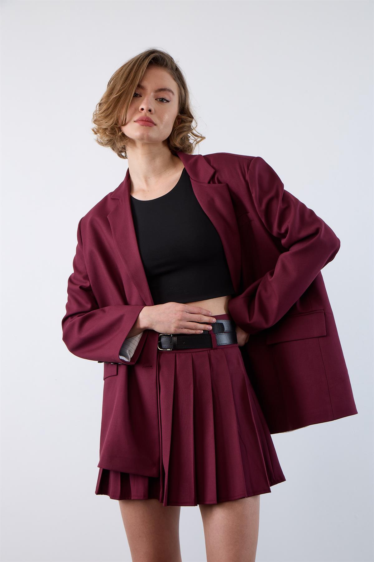 3239 PİLİLİ ÇİFT KEMERLİ ETEK BORDO