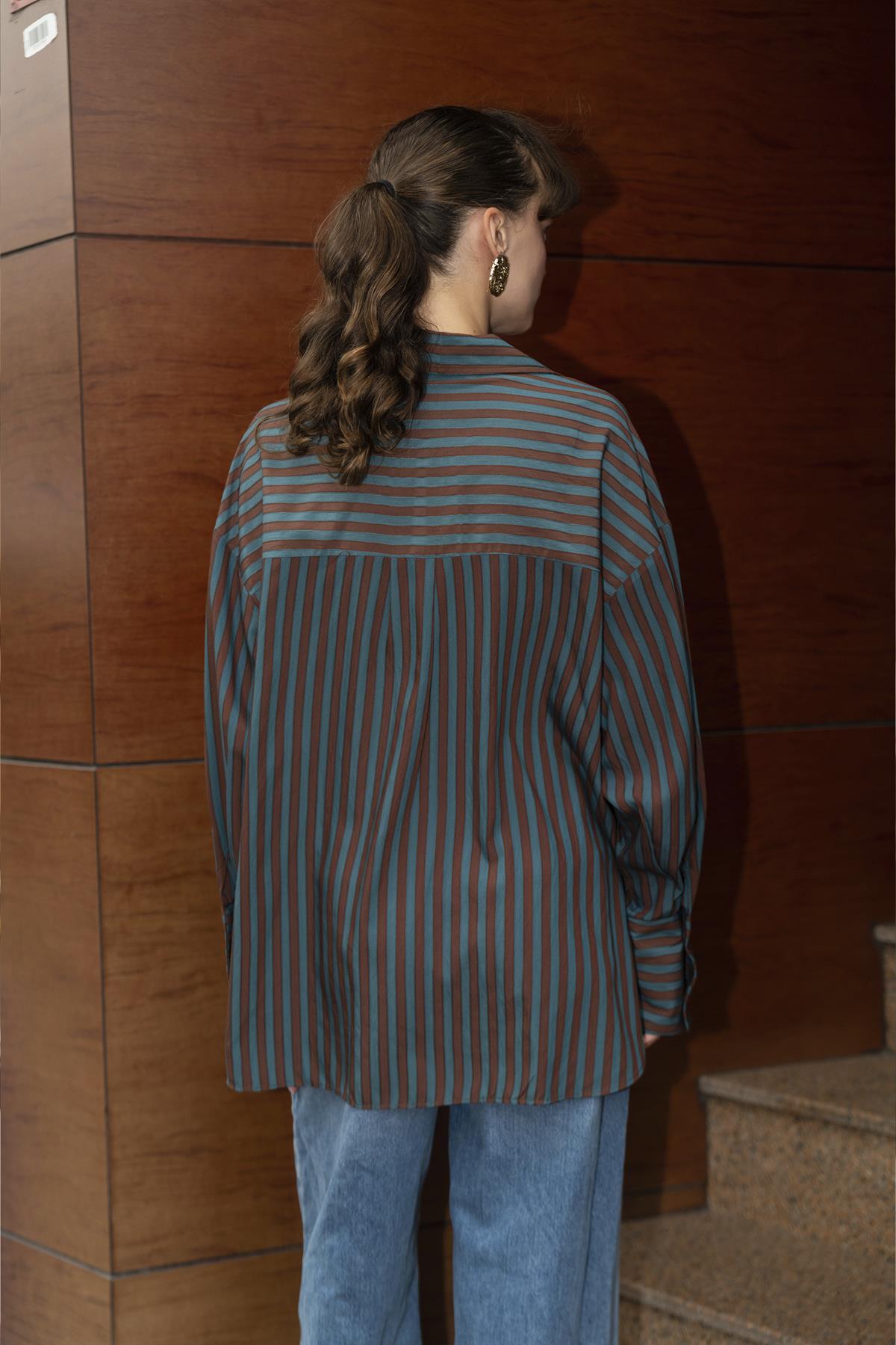 4969 ÇİZGİLİ GÖMLEK KAHVE-PETROL MAVİ