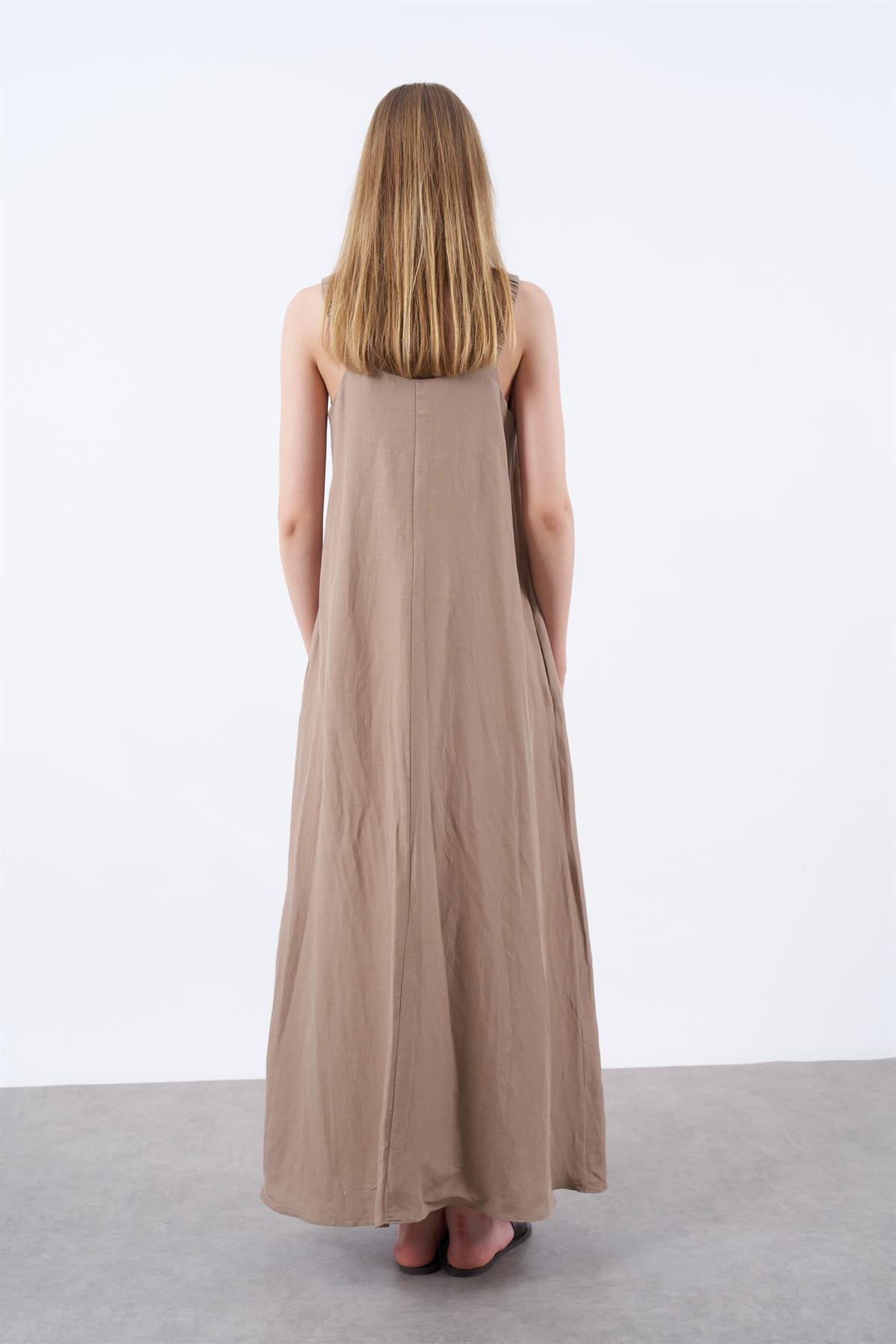 3216 LASTİK ASKILI ELBİSE VİZON