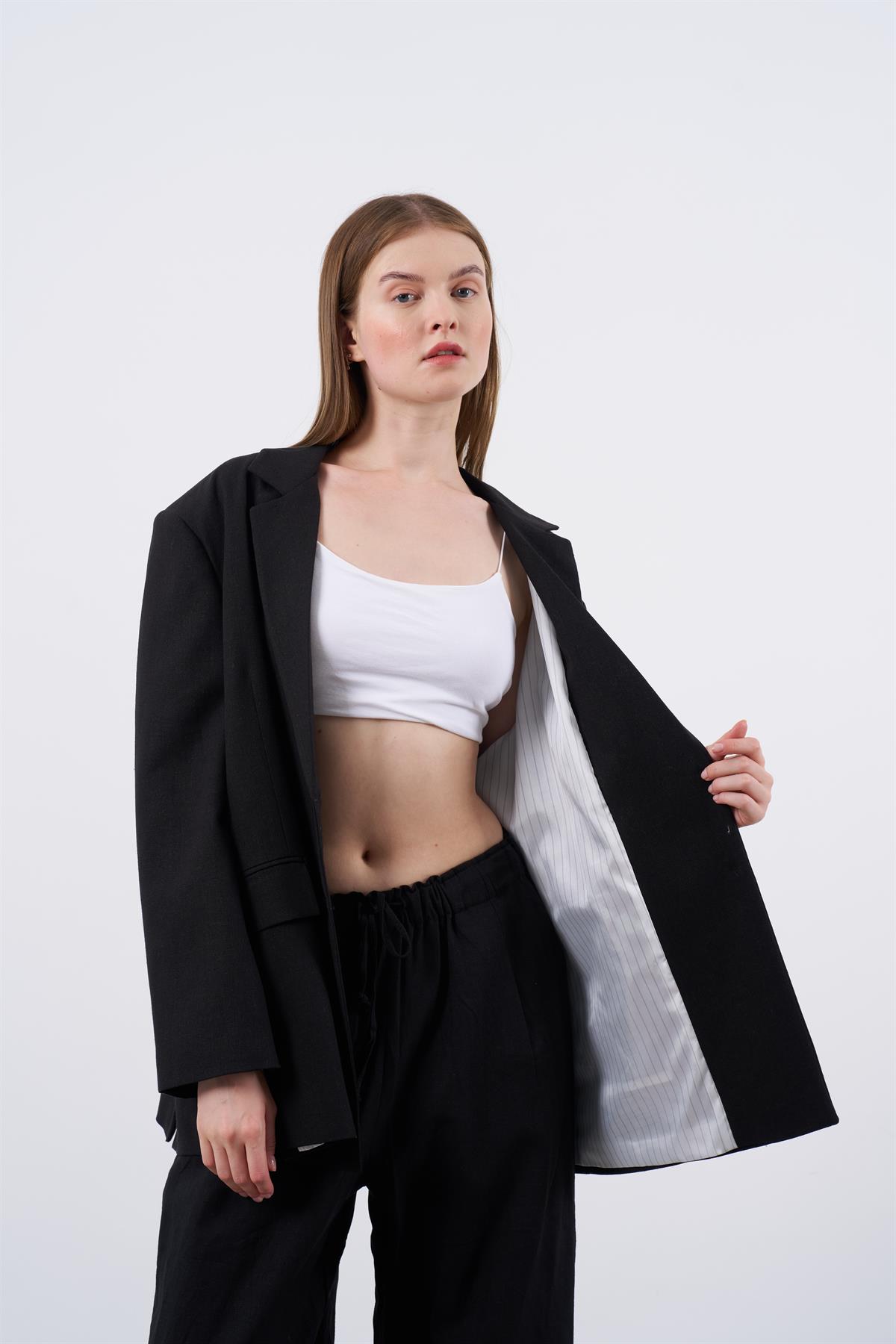 9433 KETEN CEKET SİYAH