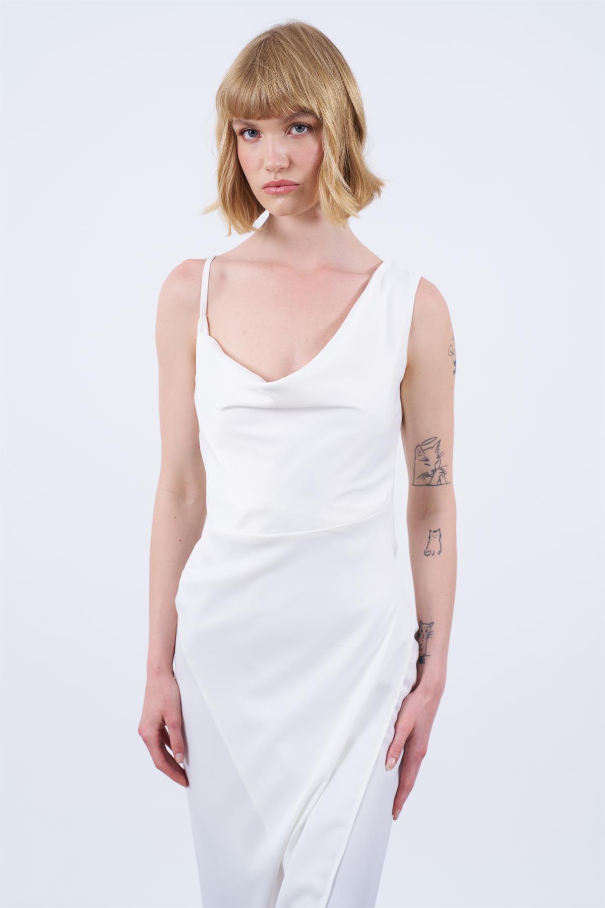 3174 DEGAJE ASKILI ELBİSE(3157) BEYAZ