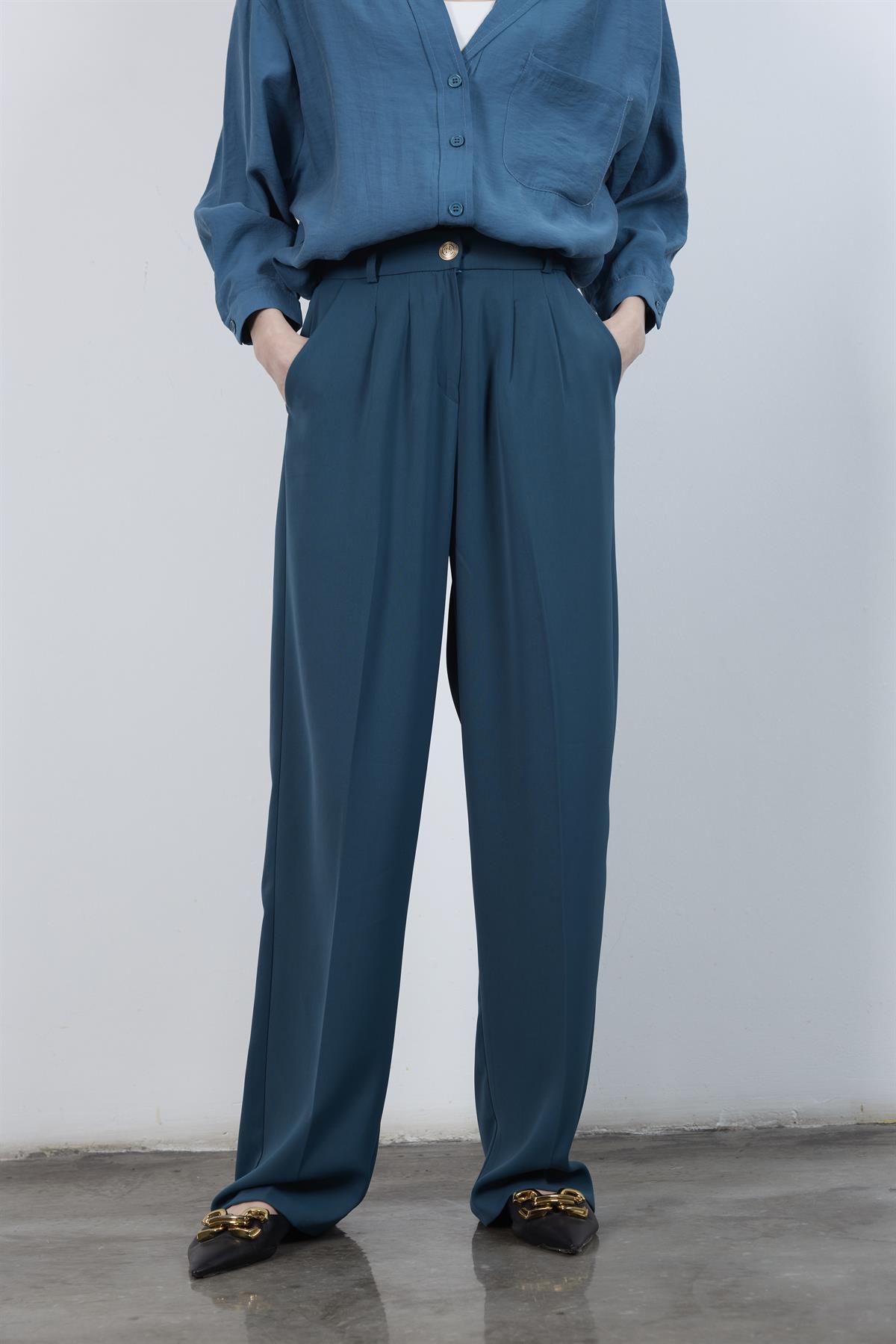 51078 PİLELİ PALAZZO PANTOLON PETROL MAVİ