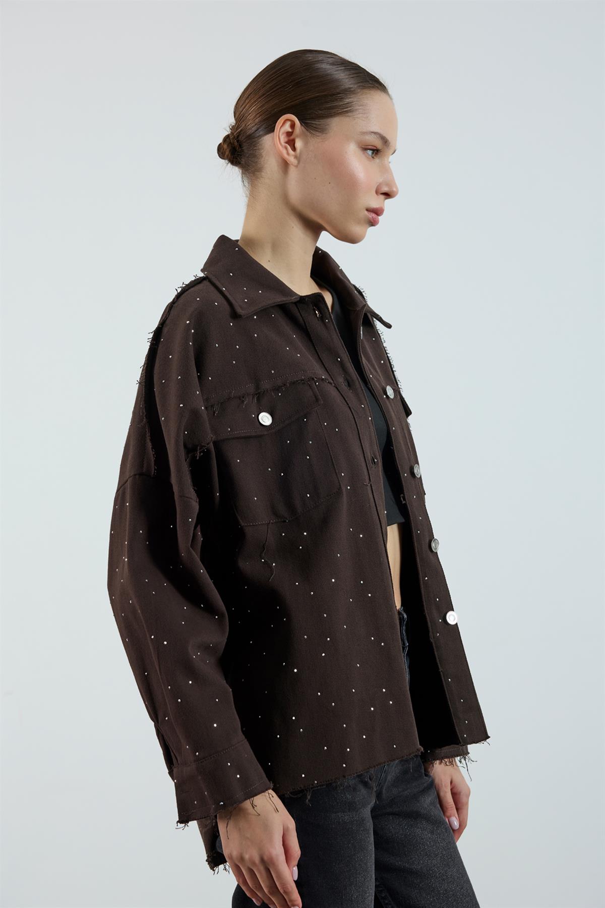 9566 GABARDİN TAŞLI CEKET KAHVE