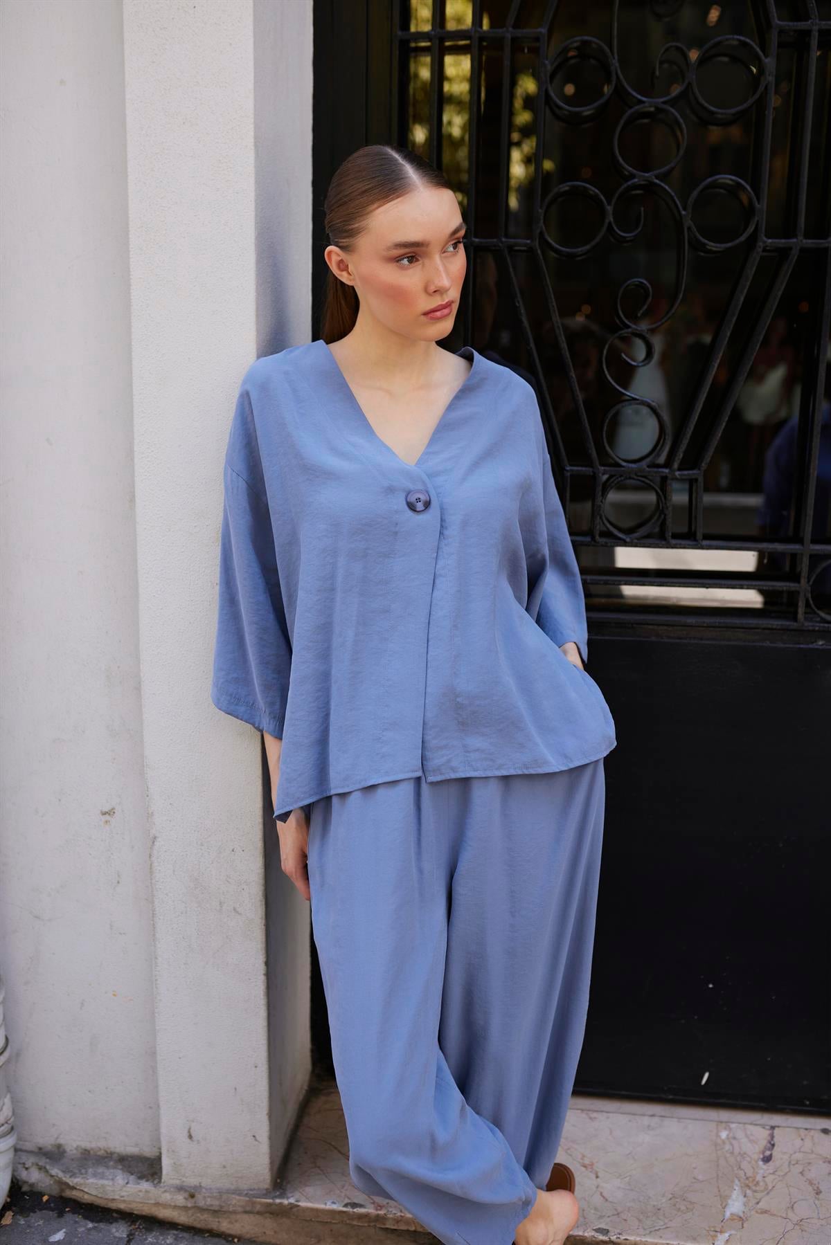 51189 BLUZ PANTOLON TAKIM GRİ-MAVİ