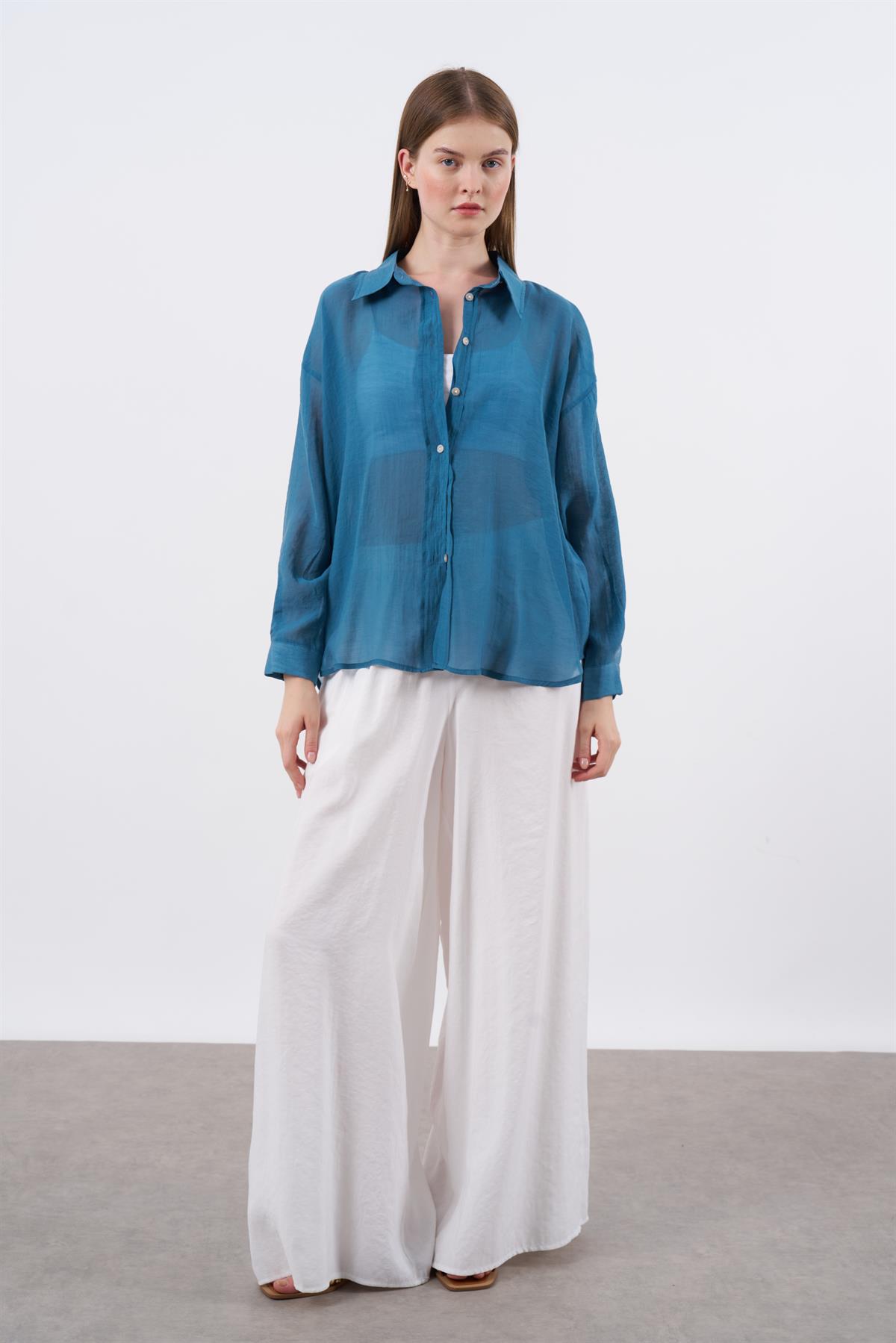 4924 OVERSIZE İPEKSİ GÖMLEK PETROL MAVİ