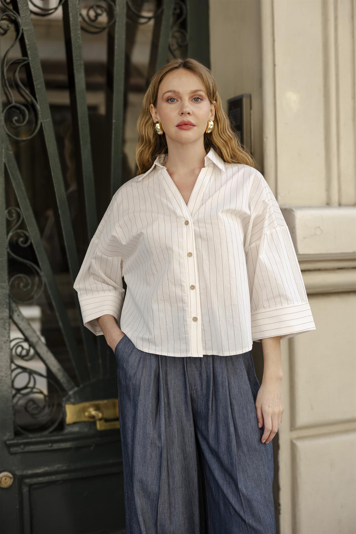 4974 ÇİZGİLİ GÖMLEK KAHVE