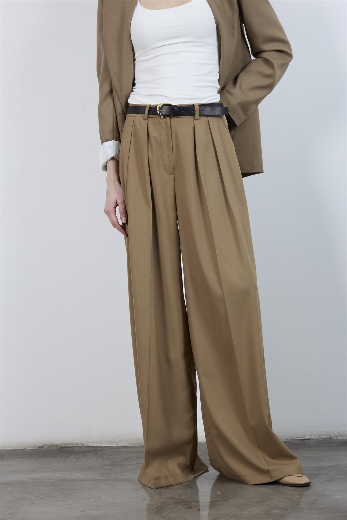 51070 PİLİLİ PALAZZO KEMERLİ PANTOLON KARAMEL