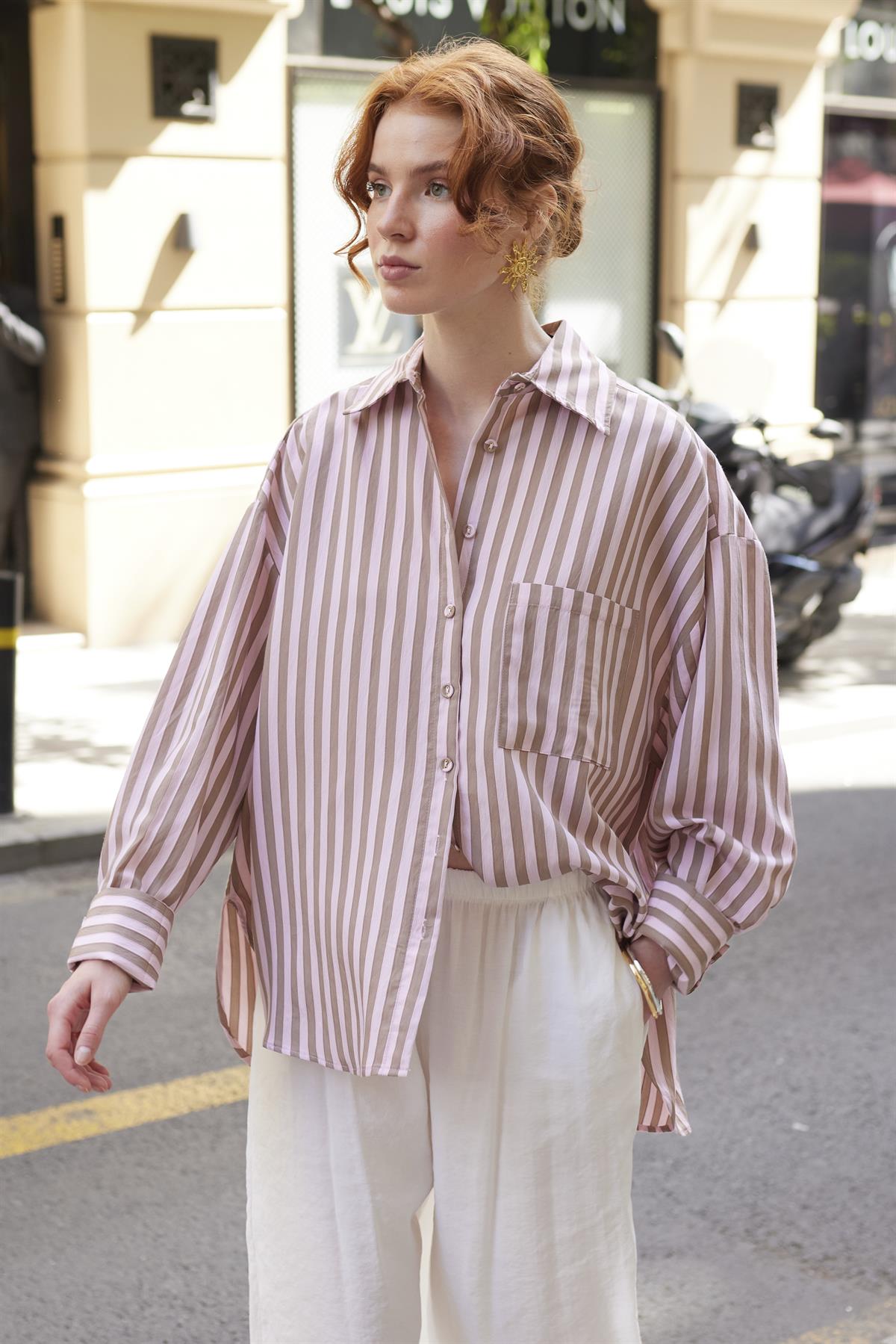 4969 ÇİZGİLİ GÖMLEK PEMBE-KAHVE